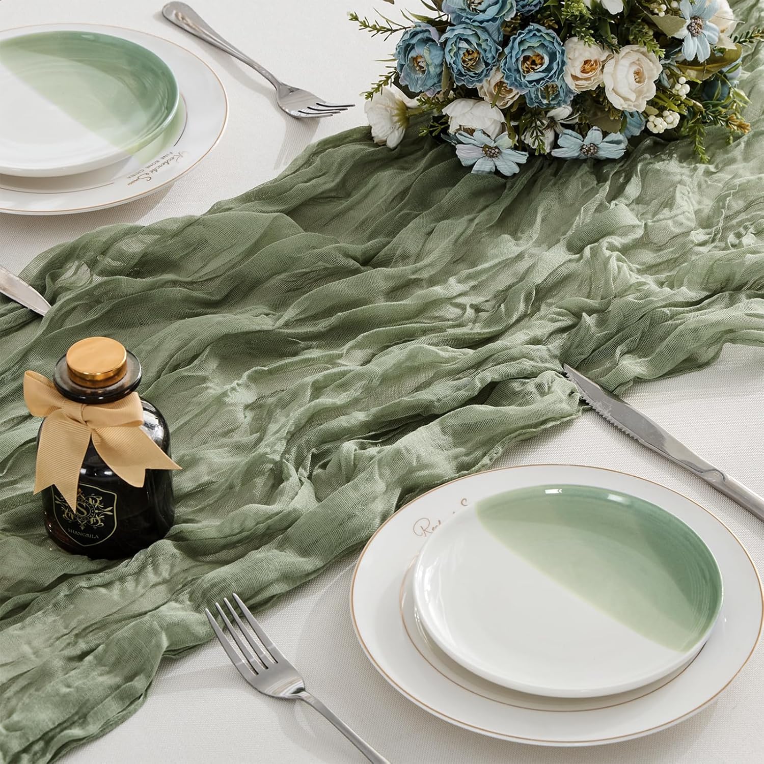 Cheesecloth Spring Table Runner 10 Feet 6 Pcs Boho Gauze Long Rustic Sheer Sage Green St. Patrick's Day Easter Table Runners for Baby Bridal Shower Wedding Birthday Party Decoration