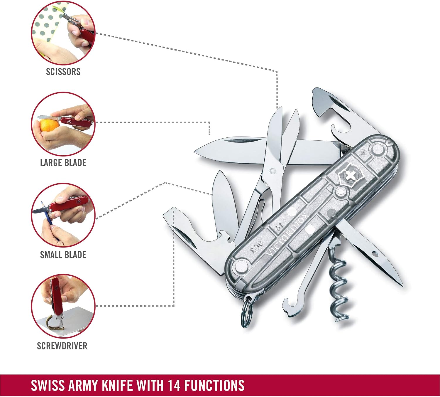 Victorinox Climber Swiss Army Pocket Knife, Medium, Multi Tool, 14 Functions, Blade, Bottle Opener, Silver Transparent - Image 3