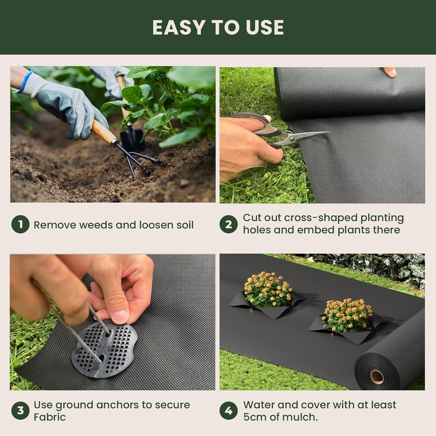 Dripex Malla Antihierbas 1x25M con 50 Clavijas de Jardín, 100g/m² Tela Geotextil para Control de Maleza, Malla contra Malas Hierbas, Resistente a la Rotura y Estabilizada contra UV