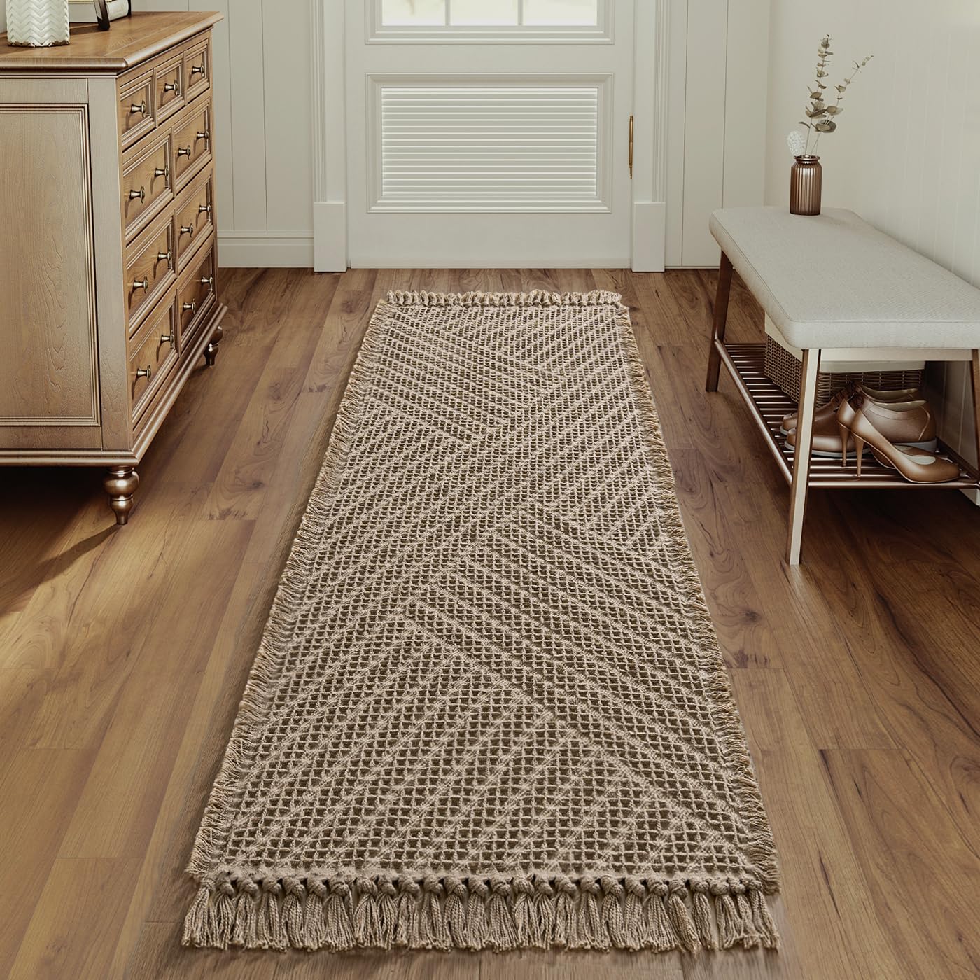 Photo 1 of H.VERSAILTEX Waffle Bath Runner Rug Long Bath Mat Super Absorbent Boho Bath Rugs Non Slip Bath Runner for Bathroom Floor Machine Washable Dry Fast Bathroom Rugs with Tassels, 24" x 72", Irish Cream