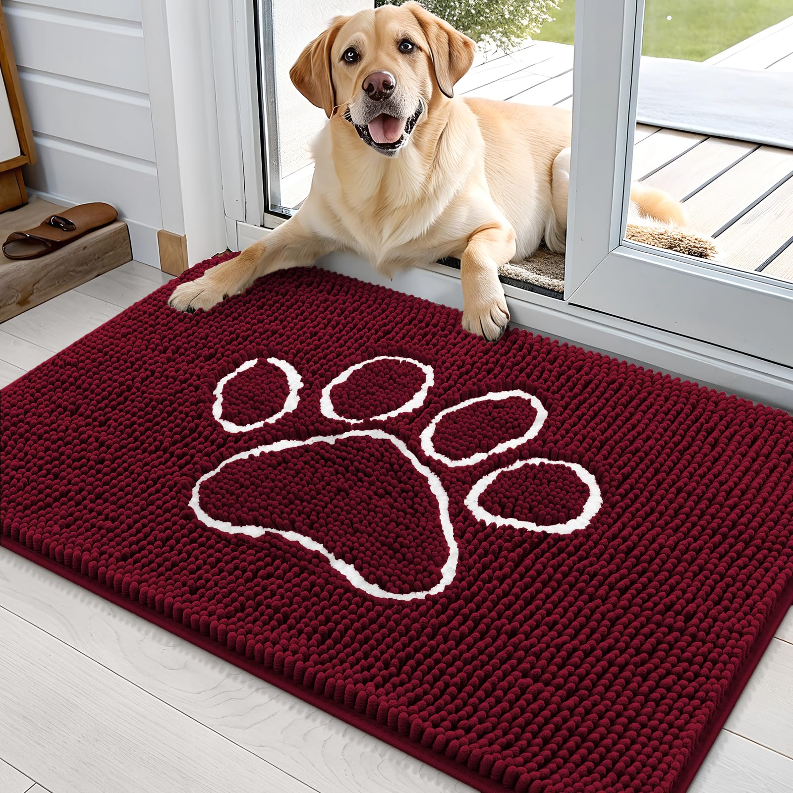 OLANLY Dog Door Mat for Muddy Paws 36x24, Paw Print Design, Absorbs Moisture and Dirt, Absorbent Non-Slip Washable Doormat, Quick Dry Chenille Mud Mat