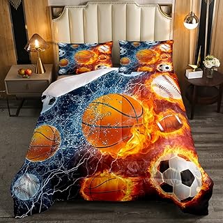 Erosebridal Sports Bedding Set for Boys Twin,Baseball Basketball Comforter Set Soccer Football Bedding Comforter Sets for Kids Teens Men,Red Blue Ice Fire Lightning Decor Quilt Duvet Set 2 Pcs