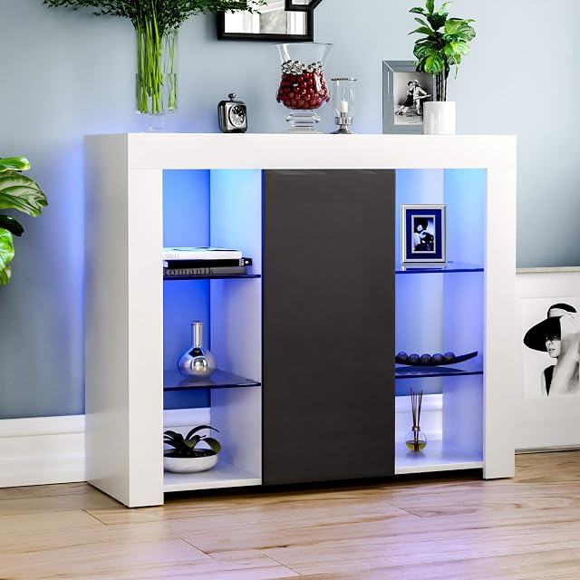 Vida Designs Large Azura 1 Door Modern LED Sideboard in White & Grey, RGB Lights (Fade/Strobe Options Included), High Gloss