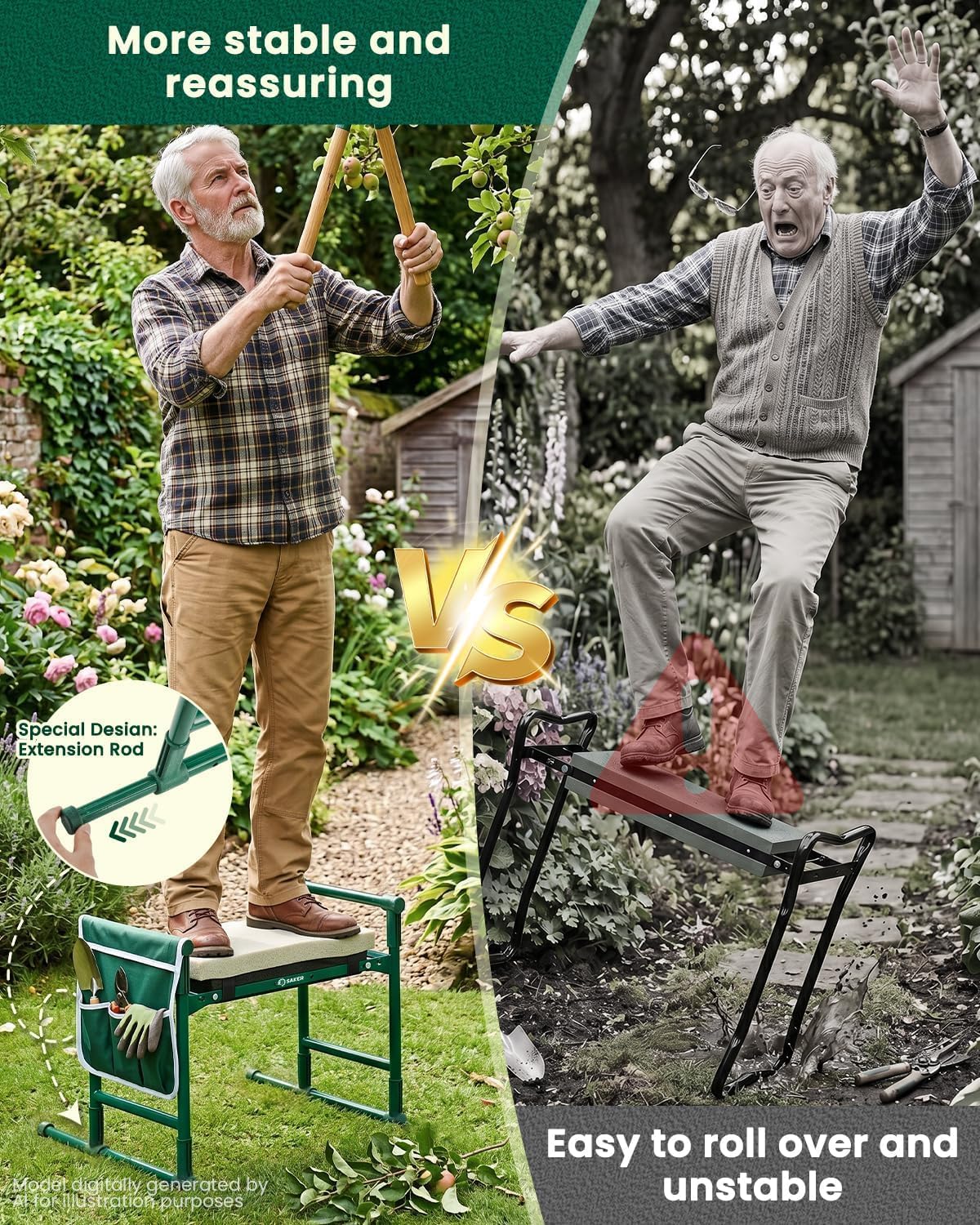 Saker 2026 Upgraded Garden Kneeler and Seat - Gardening Bench Gardening Stool with 500LB Heavy Duty Round-Tube Frame, Soft Kneeling Pad Foldable Support for Elderly, Gardening (Luxury Version)
