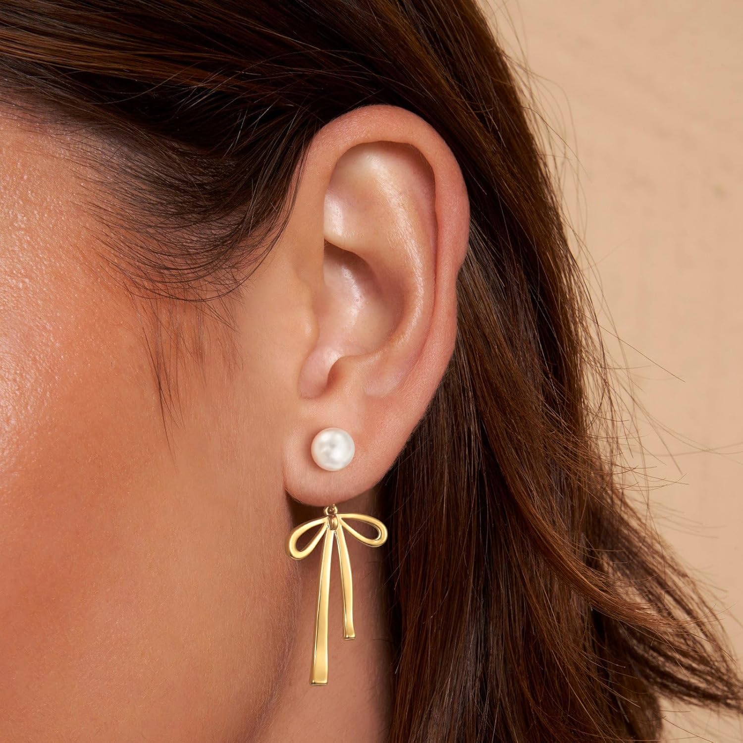 Risamil 14K Gold Plated/Silver Earrings for Women Trendy, Dainty Bow Earrings for Women Cute Pearl Huggie Earring Hoops Twist Rope Bow Stud Pearl Dangle Cubic Zirconia Earrings Jewelry Gifts - Image 5