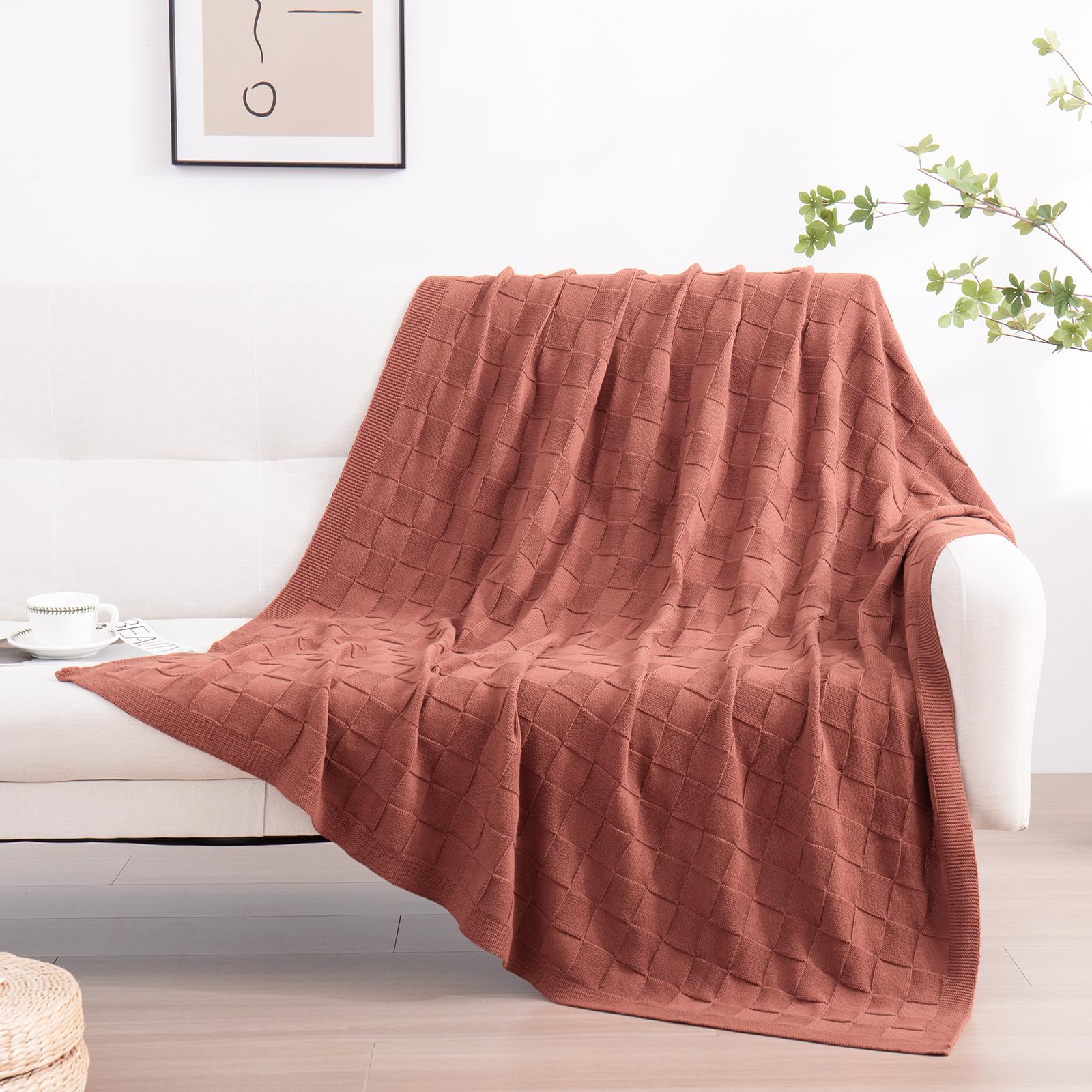 YIRUIO100% Pure Cotton Knit Throw Blankets 3D Checkered Pattern Quilt for Couch Bed Sofa Home Decor Gifts Office Camping and Travel All Season Brick Red