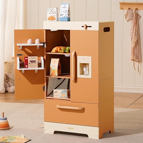 Miniatura 8 de ROBUD Refrigerador de cocina de madera, refrigerador de cocina de juguete, juego de refrigerador congelador para niños con máquina de hielo, juego