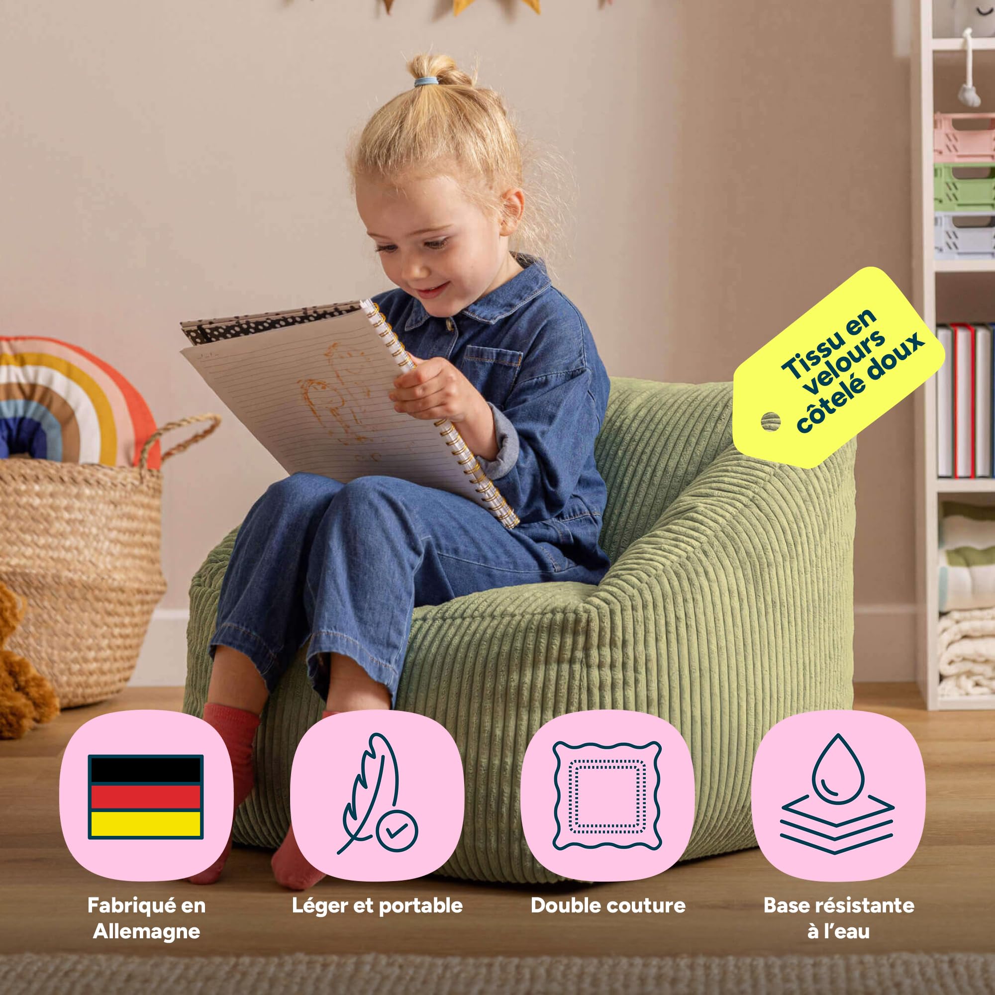 Icon Natalia Pouf Enfant, Velours Côtelé, pour Poire avec Remplissage, Chaise Enfant, Fauteuil Chambre, Meuble Chambre, Meuble Salon, Vert Sauge