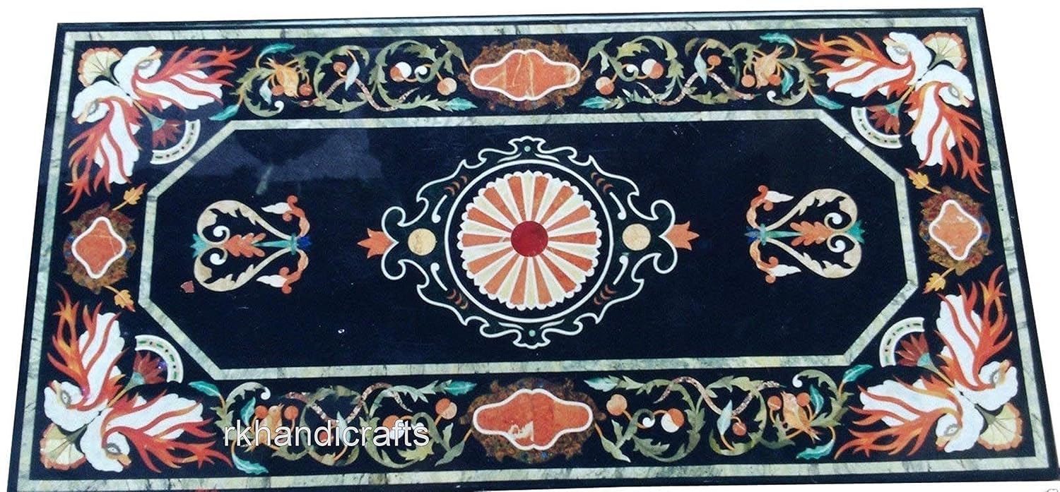 24 x 48 Inches Black Rectangle Patio Coffee Table Top Pietra Dura Art