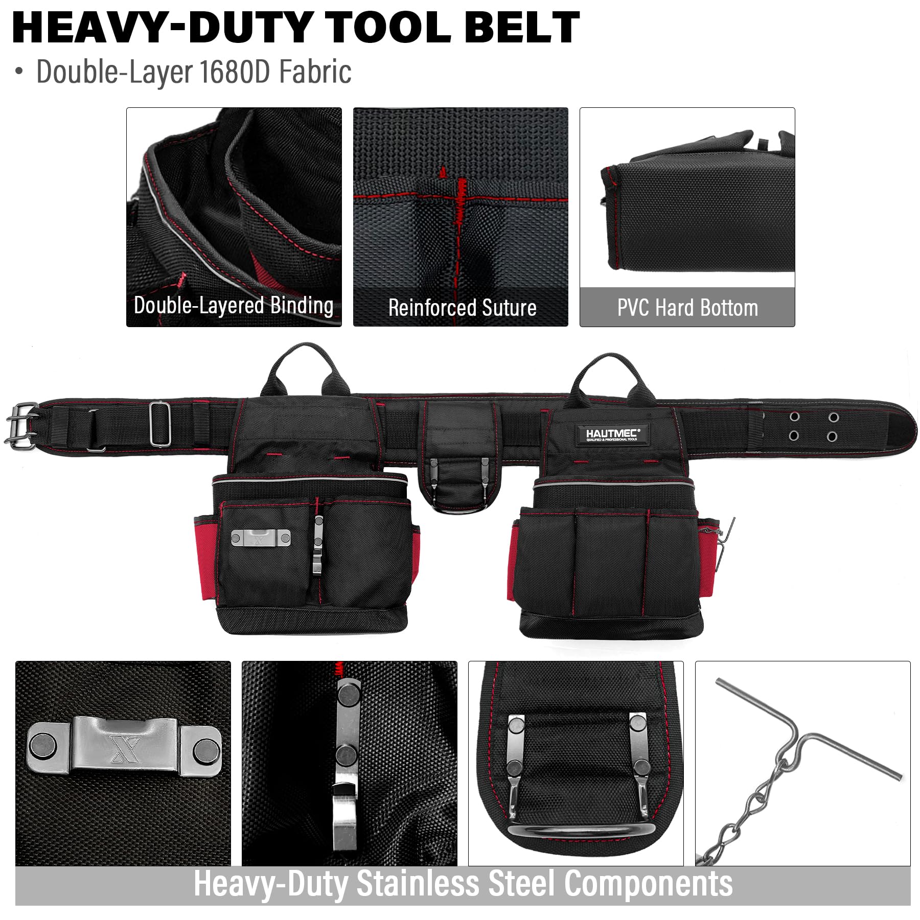HAUTMEC HT0177 Ceinture à outils robuste pour électricien avec Oxford 1680D durable 20 poches avec sangle de taille rembourrée réglable et support pour marteau