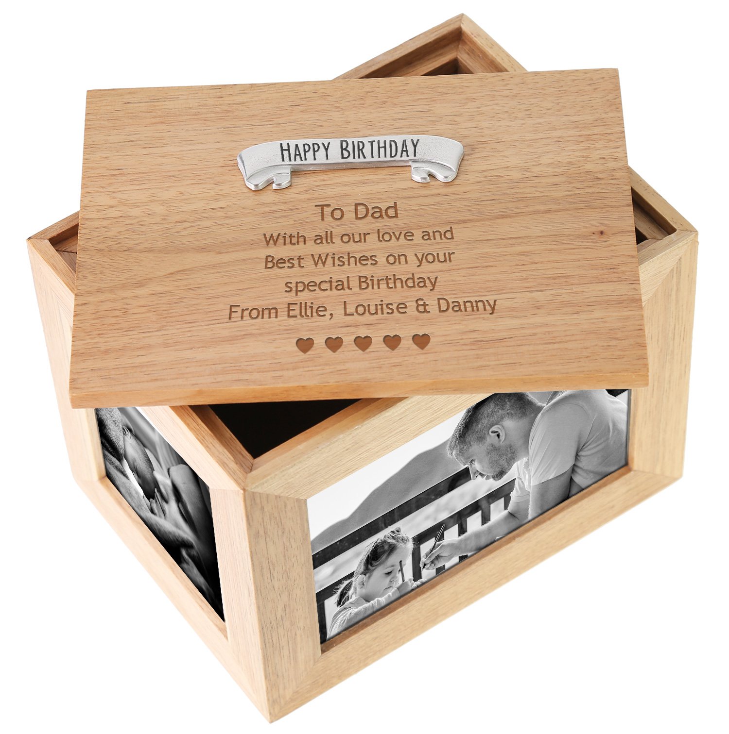 De Walden Boys Dad's Birthday Gift Engraved Large Oak Photo Keepsake Box