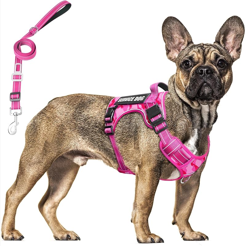 Peitoral vest para cães com guia, faixas refletivas e patches MOOGROU Camo Pink, tamanho Médio