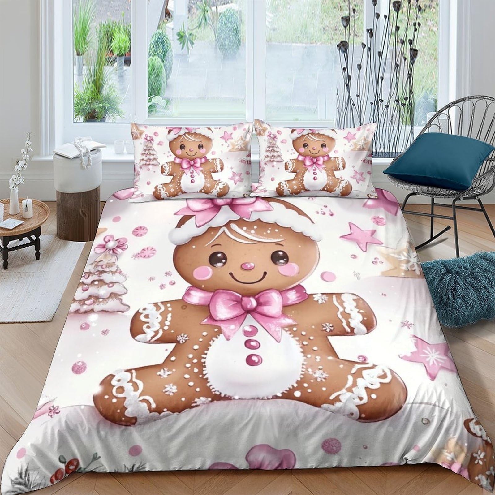 P5V6M1Q9 3D Printed Gingerbread Girl Duvet Cover Microfiber Soft Breathable Cookie Bedding Set with 2 Pillowcases for Bedroom Decor Single（135x200cm）