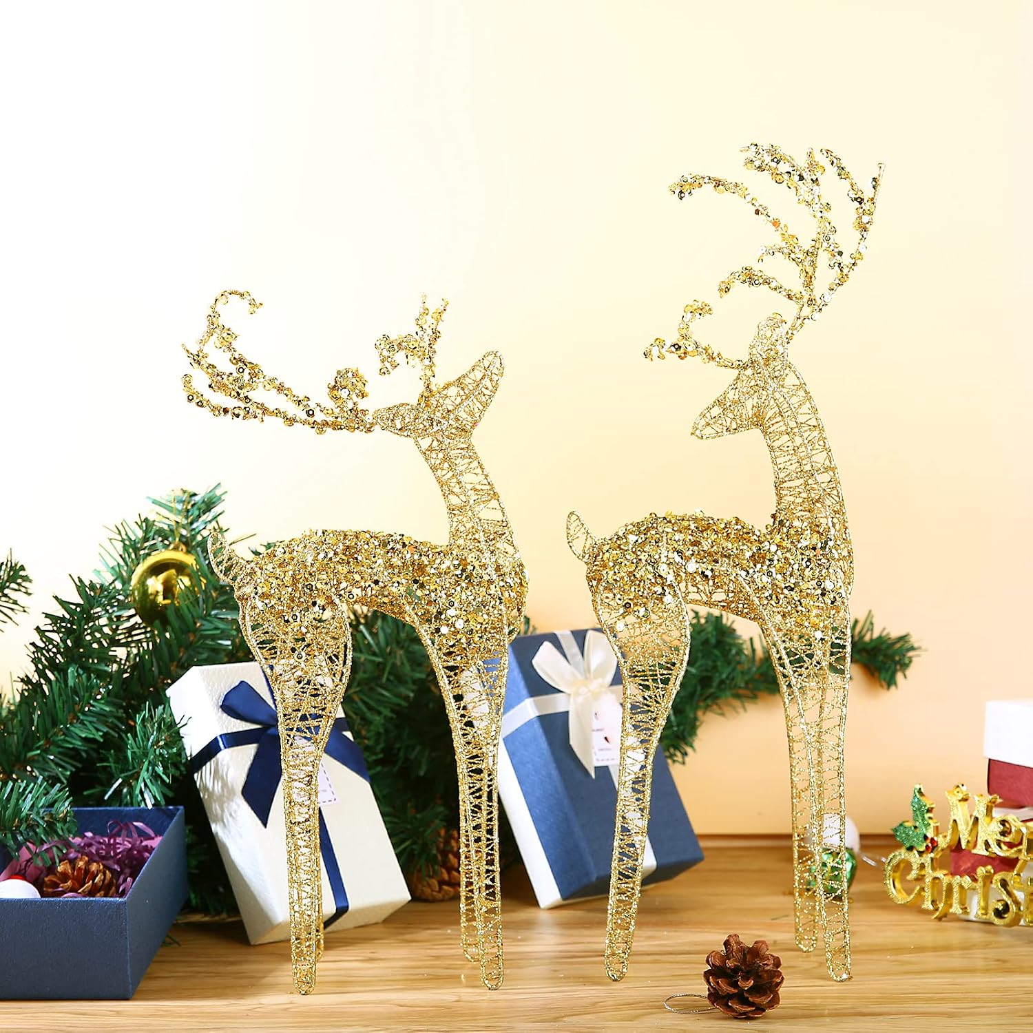 ZHANYIGY 2pc Set White Bead Gold Winding Thread String Christmas Reindeer Figurine Table Desk Decorations Glittering Xmas Holiday Party Supply