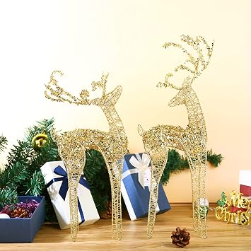 2pc Set White Bead Gold Winding Thread String Christmas Reindeer Figurine Table Desk Decorations Glittering Xmas Holiday Party Supply