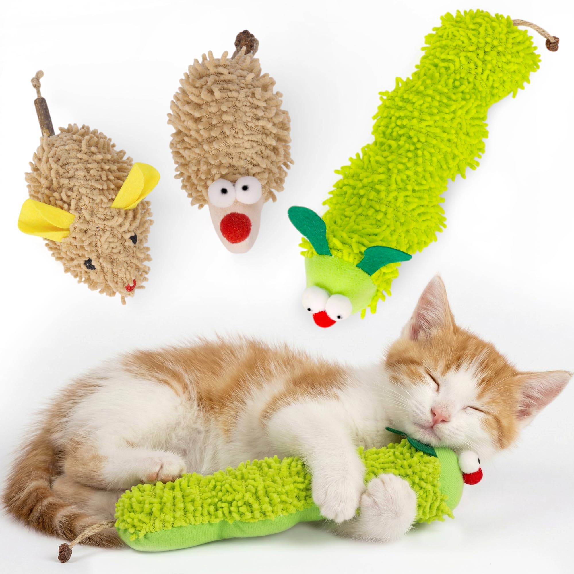 Uyubao Catnip Toys, 3 Pack Interactive Plush Cat Toys for Indoor Cats and Kittens, Cat Chew Toy for Teeth Cleaning, Bite-Resistant Plush Caterpillar,Mouse,Hedgehog Design