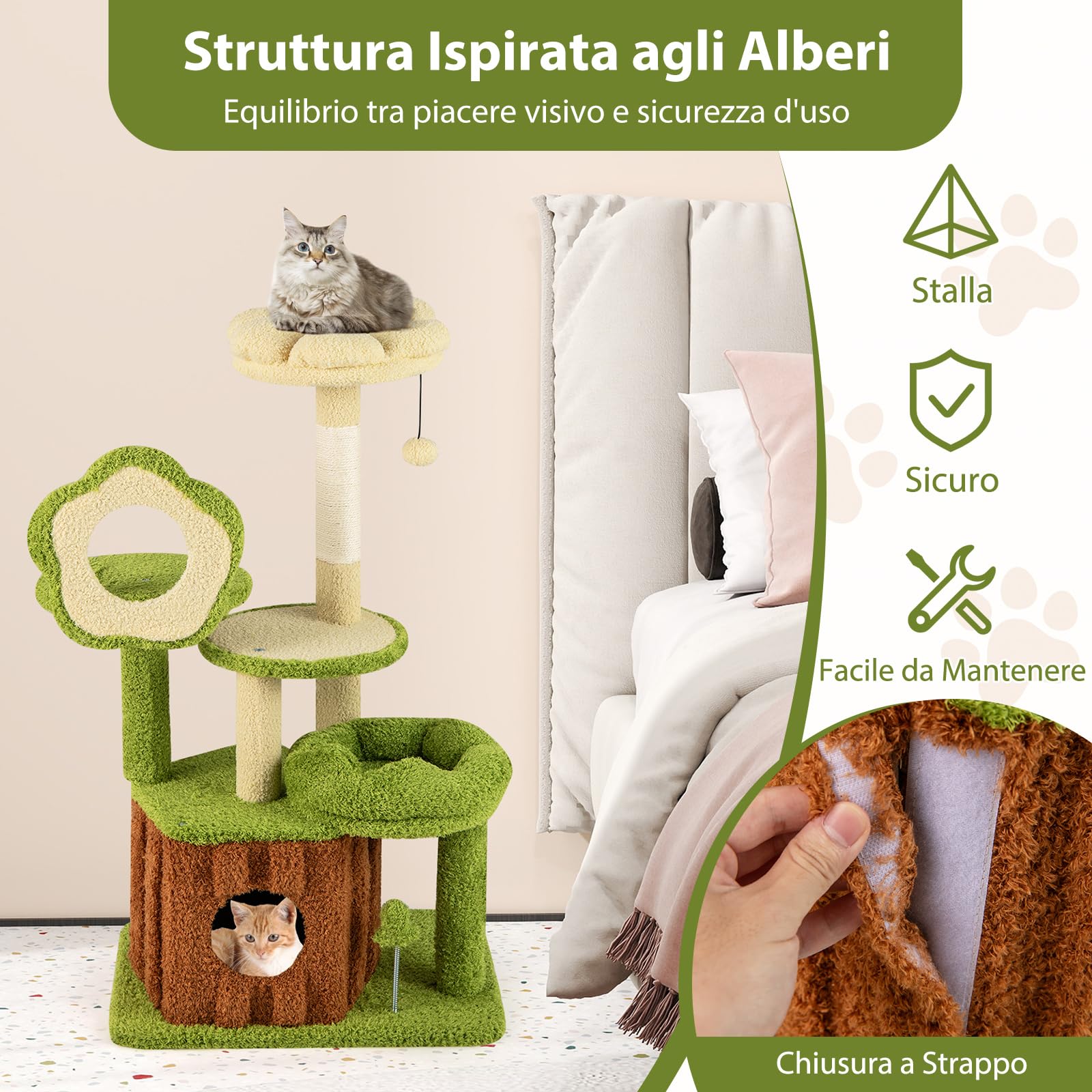 GYMAX Albero per Gatti Multilivello, Torre per Gatti con Nicchia a Forma di Tronco, Posatoio a Forma di Fiore, Letto per Pisolino, Piattaforme, Tiragraffi, Pompon, Palla a Molla