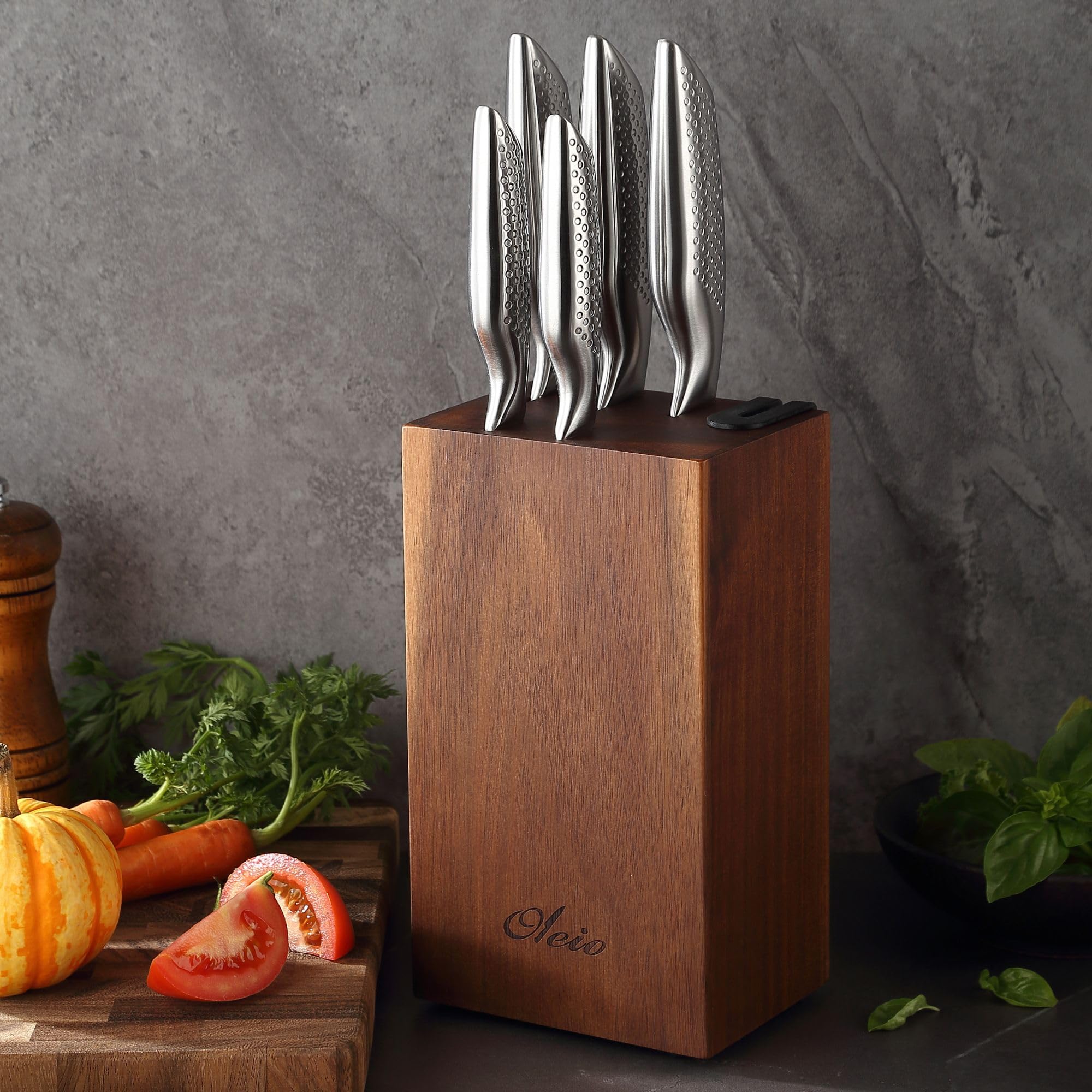 Oleio Maestro Bloc à Couteaux 5 Pièces en Acier Inoxydable avec Bloc en Bois d’Acacia et Aiguiseur Intégré | Couteaux de Cuisine Professionnels pour Viande, Légumes et Pain
