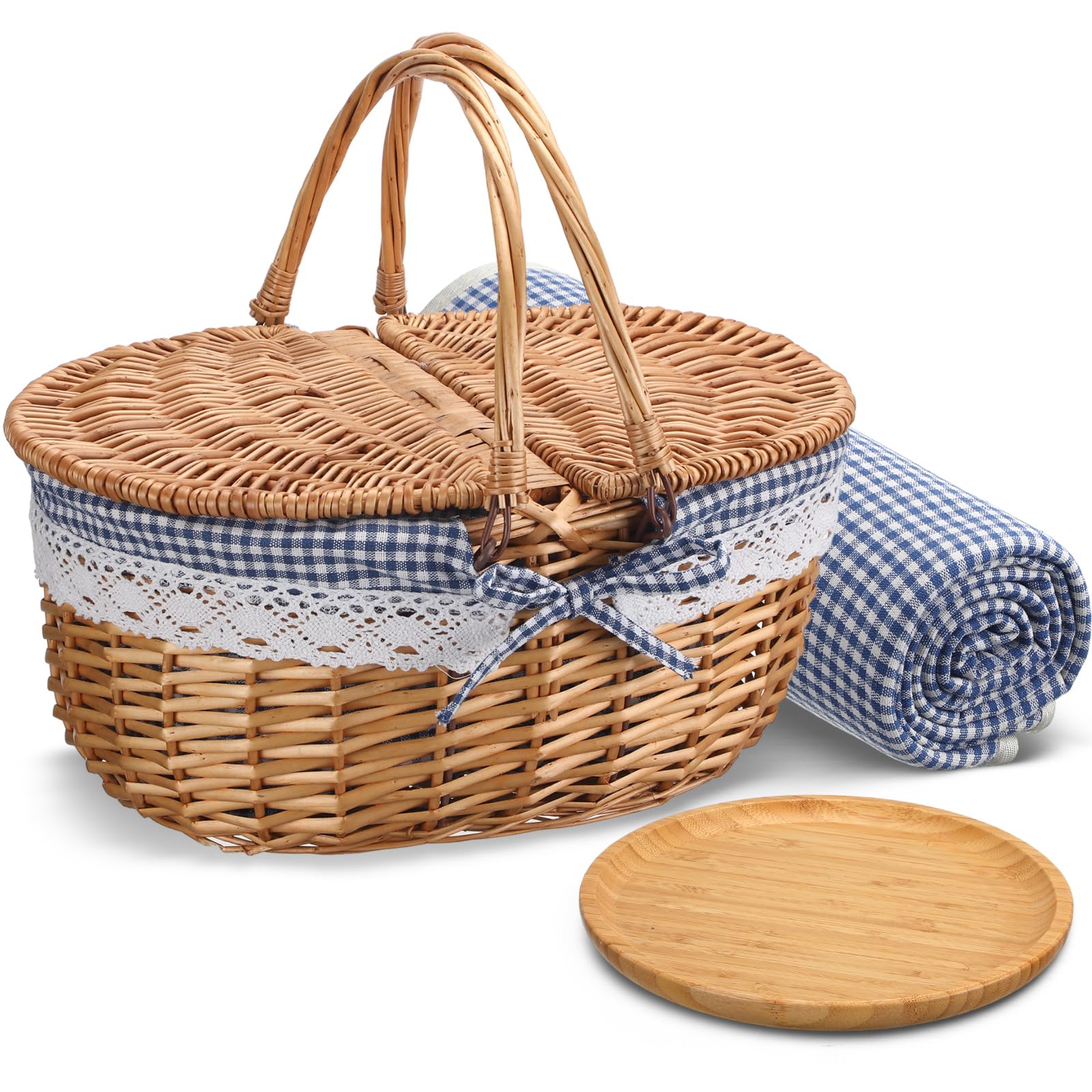 Picnic Basket with Blankets and Bamboo Plates Picnic Supplies Set Basket with Lid and Handle Wicker Picnic Basket Sturdy Woven Body with Washable Lining for Camping(Blue)