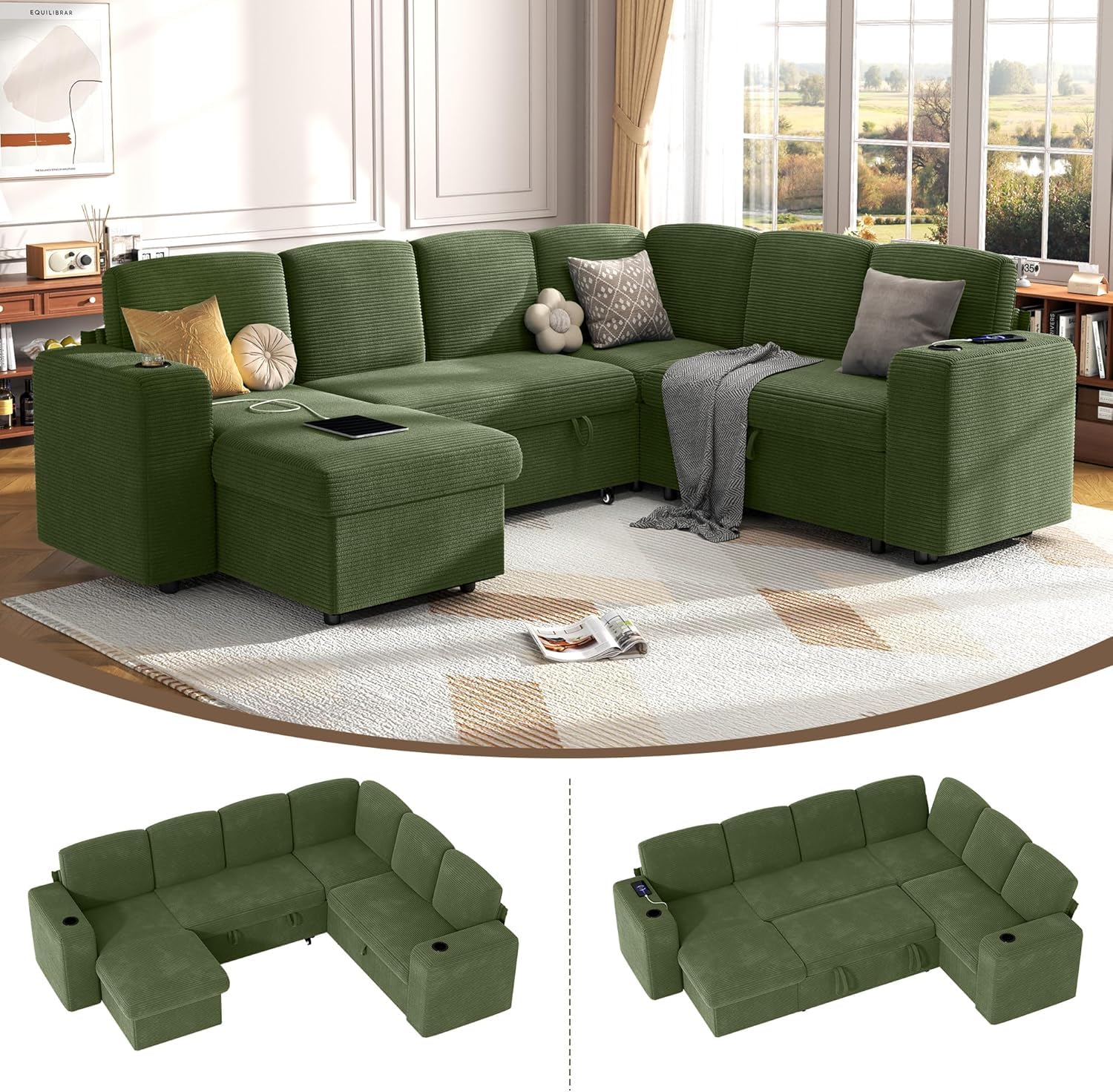 Sofá cama de 7 plazas en forma de U con cama nido, sofá modular en la nube con chaise longue de almacenamiento, puerto USB, respaldo ajustable, pana verde