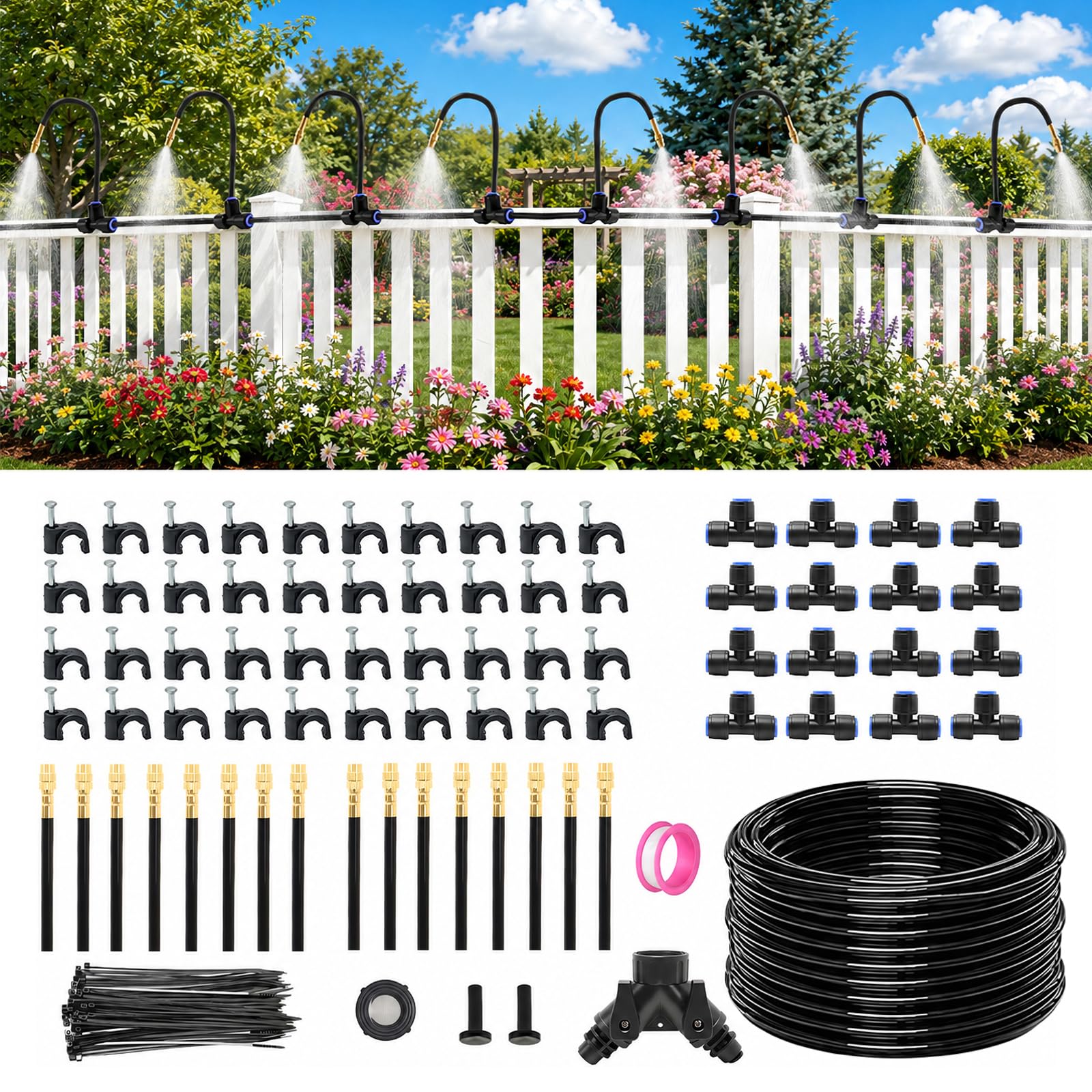 360°Adjustable Irrigation System Kit,100 FT Quick-Connect Drip Irrigation Kits with 1/4" PE Tubing Hose &16 Pcs Nozzles,DIY Automatic Garden Watering System for Plants Flower Potted Lawn Yard