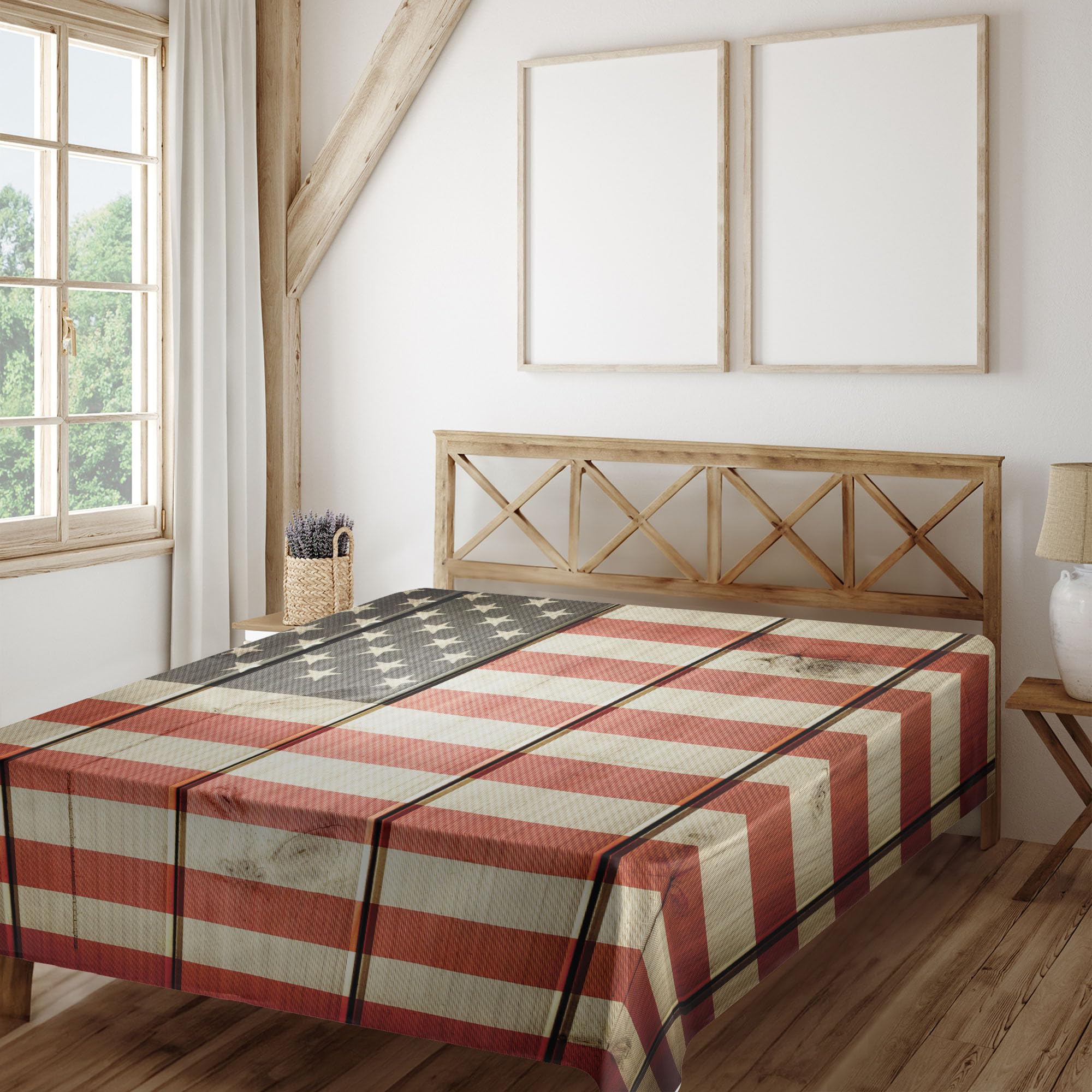 Ambesonne American Flag Flat Sheet, USA Flag Over Vertical Striped Wooden Board Citizen Solidarity Artwork, Soft Comfortable Top Sheet Decorative Bedding 1 Piece, King Size, Blue Red