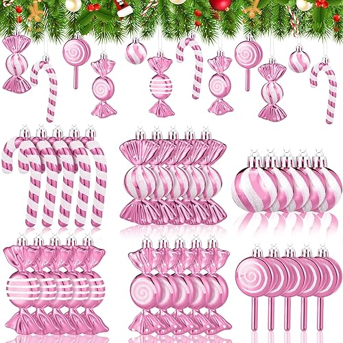 Miniatura 7 de Juego de 30 adornos de bastón de caramelo de Navidad, decoraciones de piruleta de menta de plástico con cuerda (rosa y blanco)