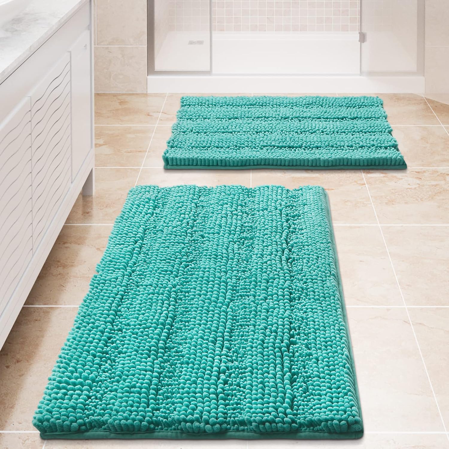 Thick Bathroom Rugs Bath Mat,2 Piece Anti-Slip Chenille Shaggy Bath Rugs for Bathroom,Super Absorbent Striped Shower Rug for Bathtub and Shower Floor,24"x17"+20"x32",Eggshell Blue