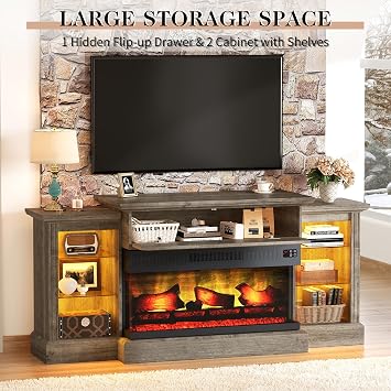 LUXOAK Farmhouse 60 Fireplace TV Stand with 28 Electric Fireplace | 3-Sided Electric Fireplace, Media Entertainment Center with LED Light, TV Console Storage Cabinet, for TVs up to 65, Grey