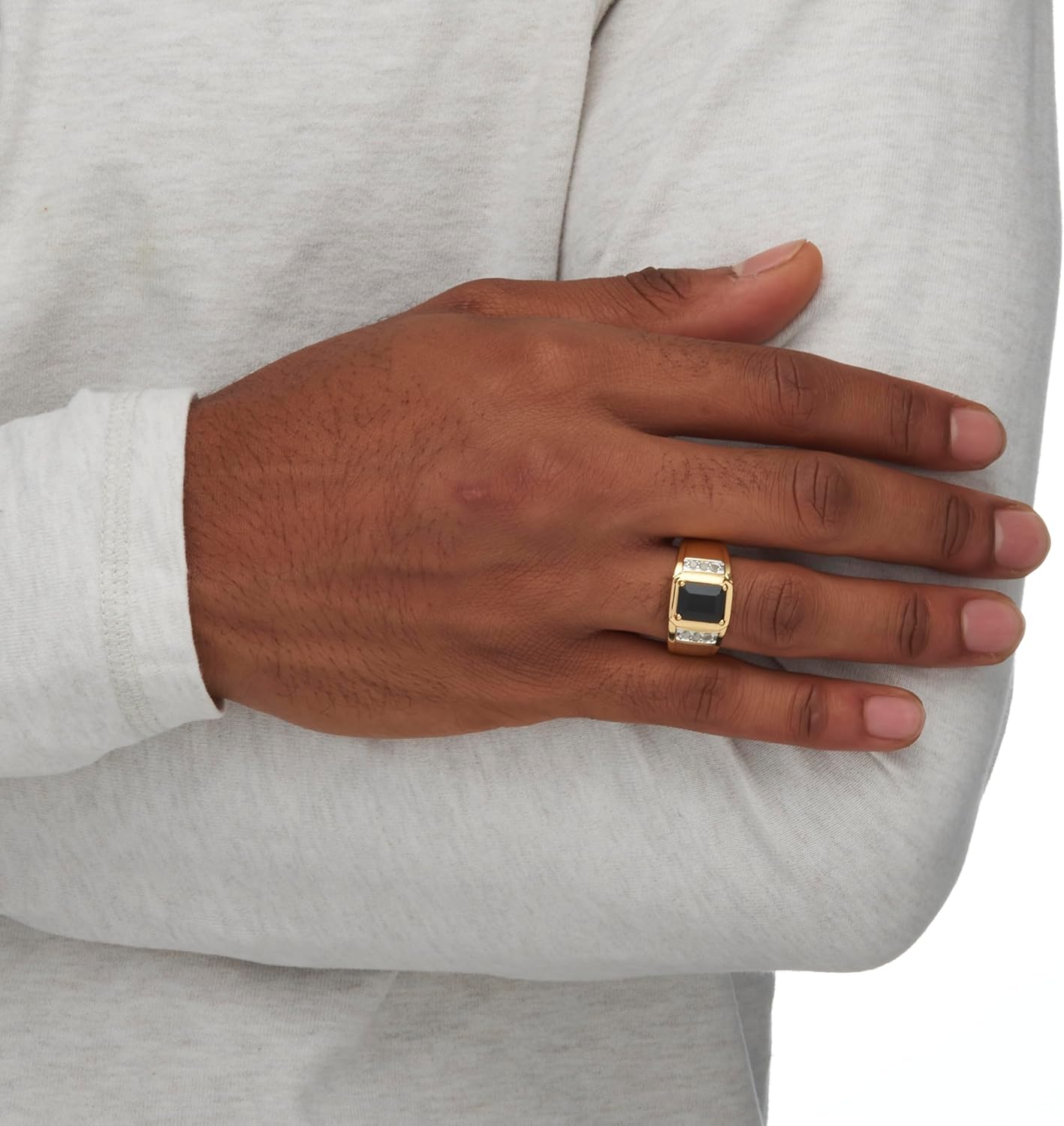 Men's Yellow Gold-plated Emerald Cut Natural Black Onyx and Diamond Accent Ring Sizes 8-16