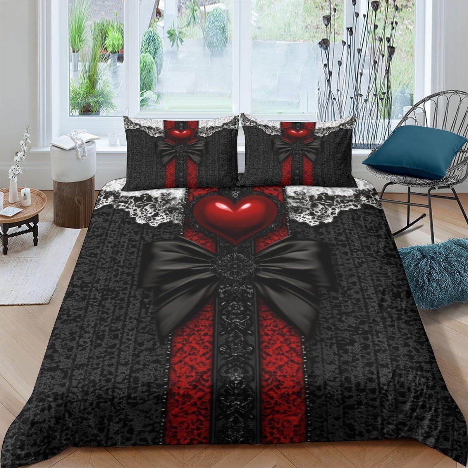 P5V6M1Q9 3D Printed Gothic Heart Duvet Cover Microfiber Soft Breathable Victorian Skull Bedding Set with 2 Pillowcases for Bedroom Decor Single（135x200cm）