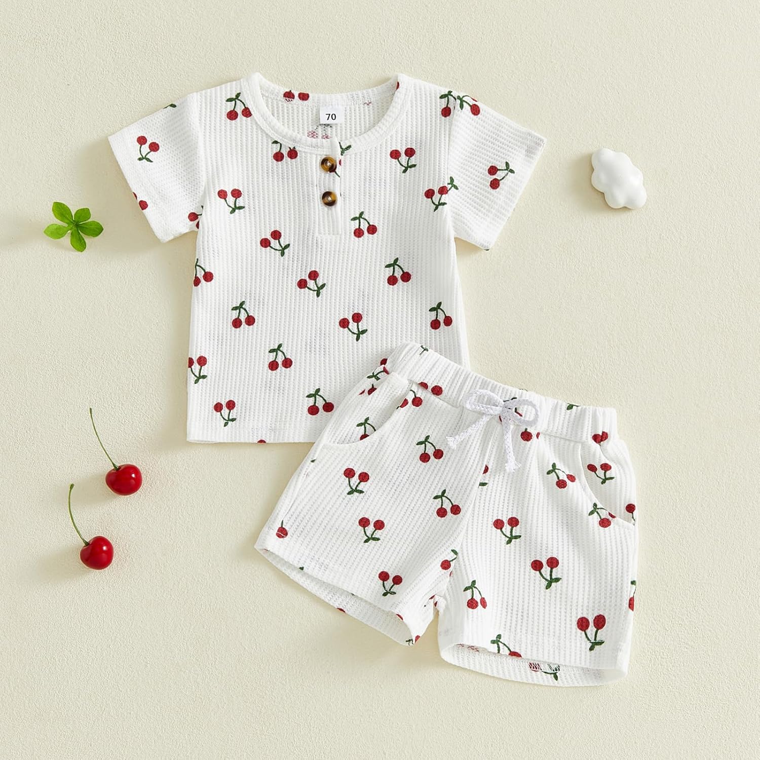 Baby Girl Summer Clothes Cherry Rib Knit Short Sleeve T-Shirt Shorts Set 2 Piece Toddler Outfits for Girls - Image 6