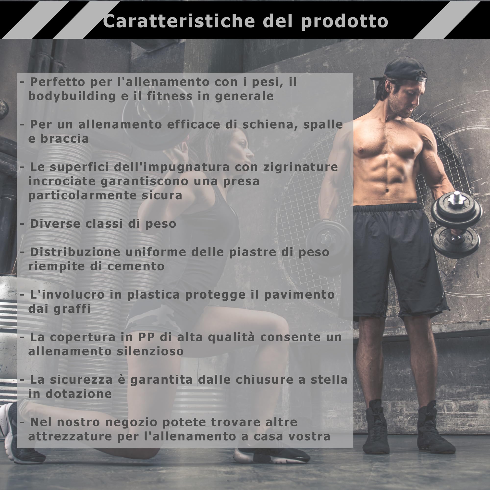 MOVIT Bilanciere con Pesi - 60,5 kg, 8 Dischi Rivestiti in Plastica, Impugnatura Zigrinata, Barra in Acciaio, Chiusura a Vite - Set Bilanciere con Piastre Pesi, Fitness, Palestra, Allenamento