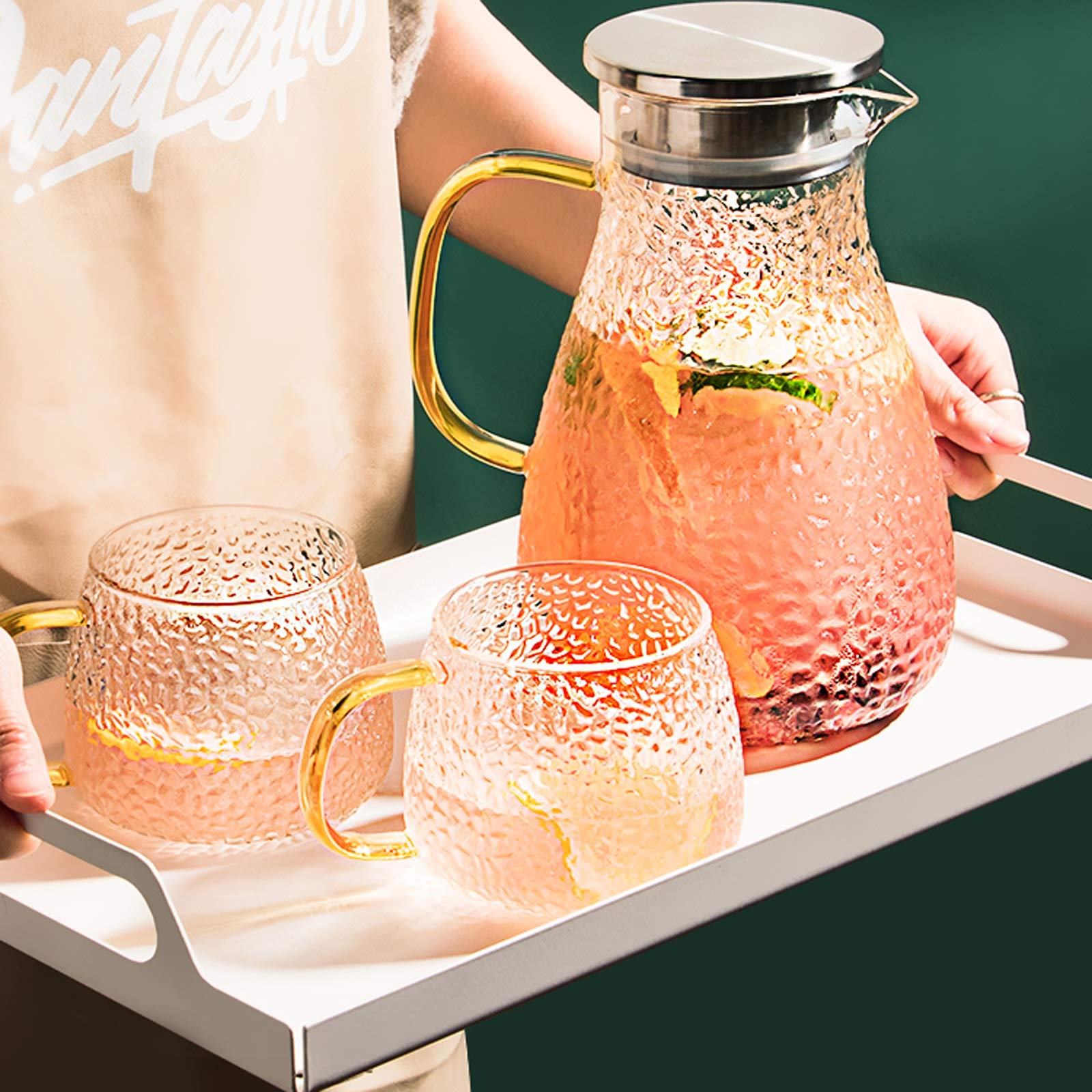 Pichet Ménagère Haut Borosilicate Matériau Verre Cafare avec pichet en Acier Inoxydable résistant à la température Haute température avec couvercle-1500ml Pichets