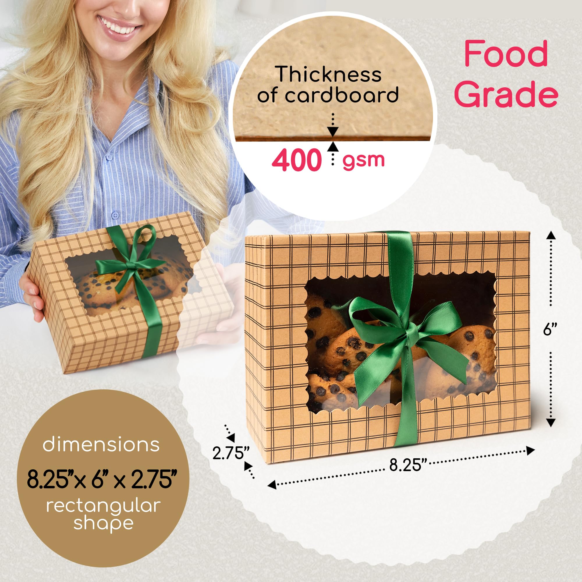 Lot de 20 boîtes à biscuits en papier kraft marron avec rubans et fenêtre - 21,1 x 15,2 x 7,1 cm - Boîtes cadeaux de boulangerie en carton de qualité alimentaire pour offrir des cadeaux, des