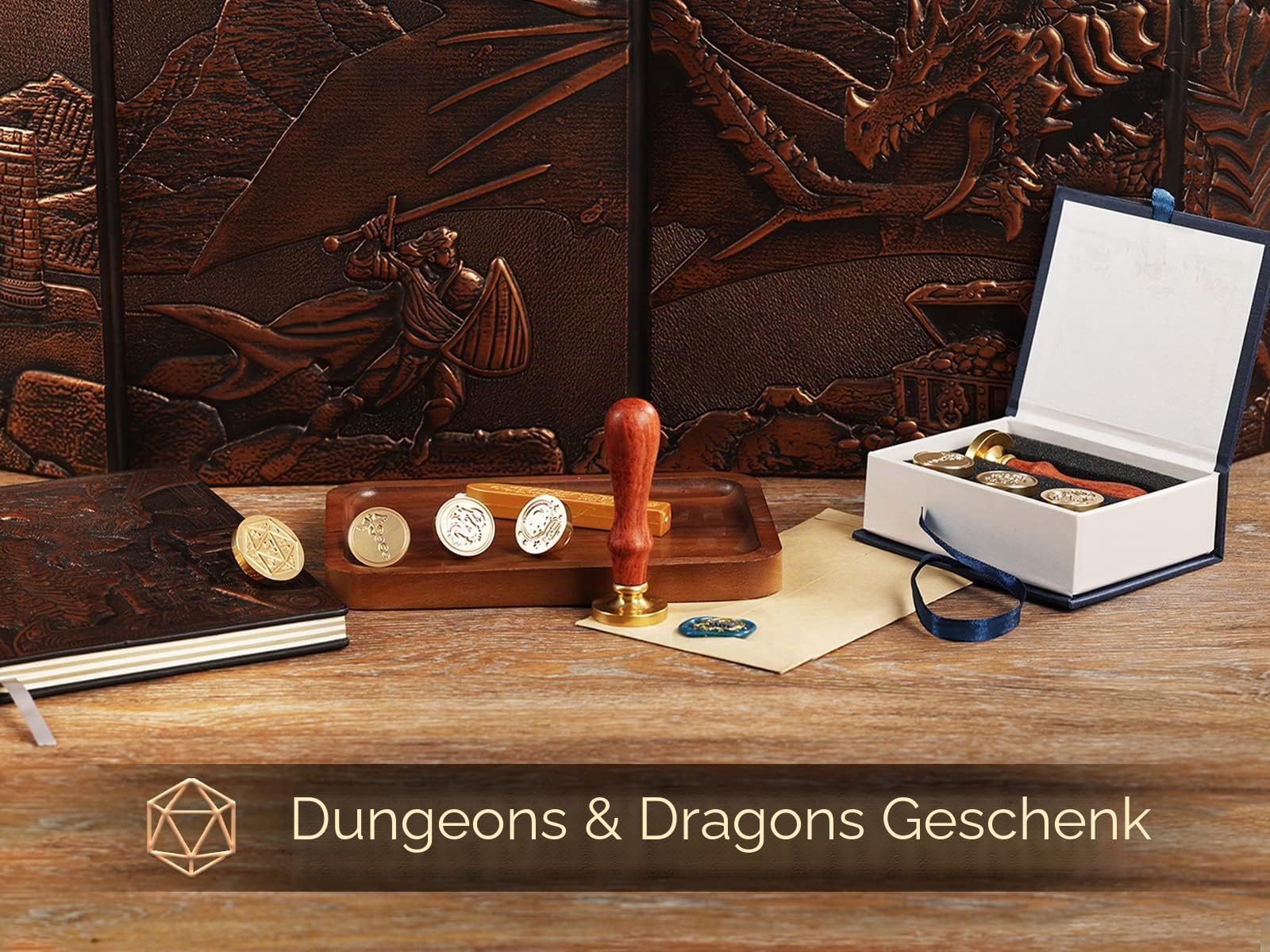 DND Wachs Siegel Stempel, Dungeons and Dragons/D&D Umschlag Scroll, Fantasy Wachs Siegel Kit mit Dragon/D20 Würfel/Zaubertränk/Caduceus, große RPG Zubehör für DND DM & Player