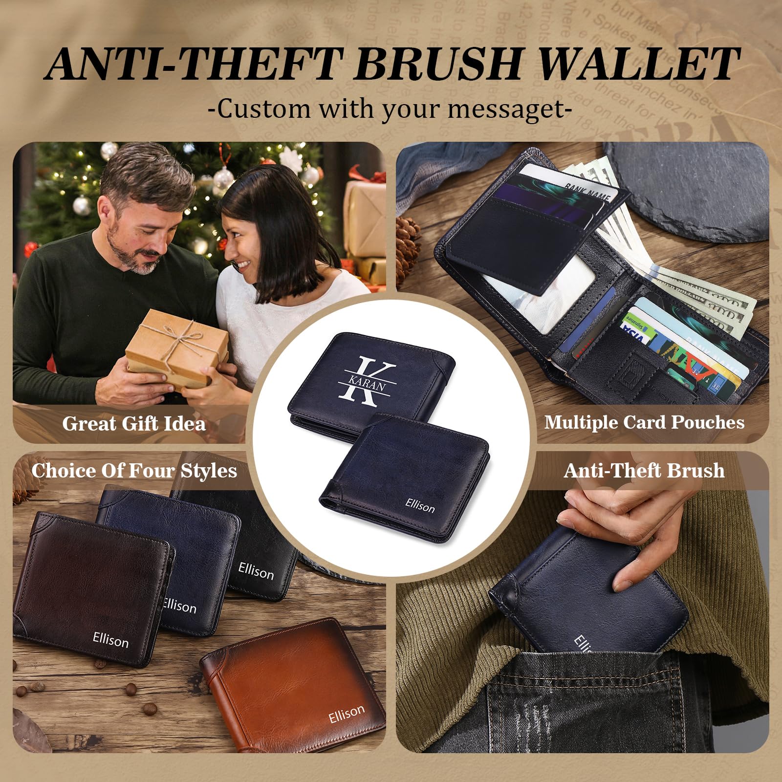Cartera personalizada con bloqueo RFID para hombre, cartera de piel plegable con imagen para papá, marido, regalo para cumpleaños, Navidad, San Valentín, azul, (Rfid-blue), Cartera para