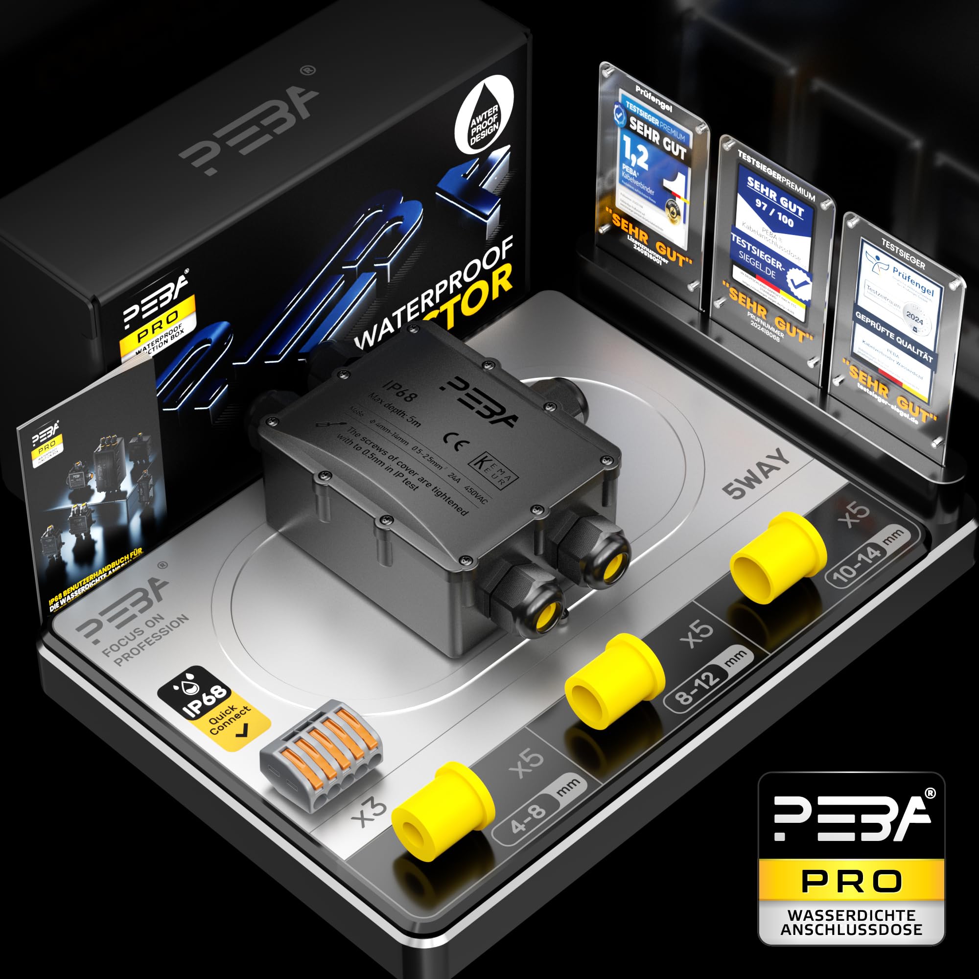 PEBA Boîte dérivation étanche extérieur IP68, Connecteur étanche etanche à 5 Voies pour câble de 4-14 mm de diamètre, Noir