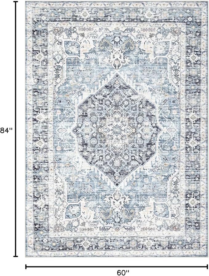 Tapete Boho 5x7 pies Azul Claro Lavable Antideslizante Suave miniatura 2