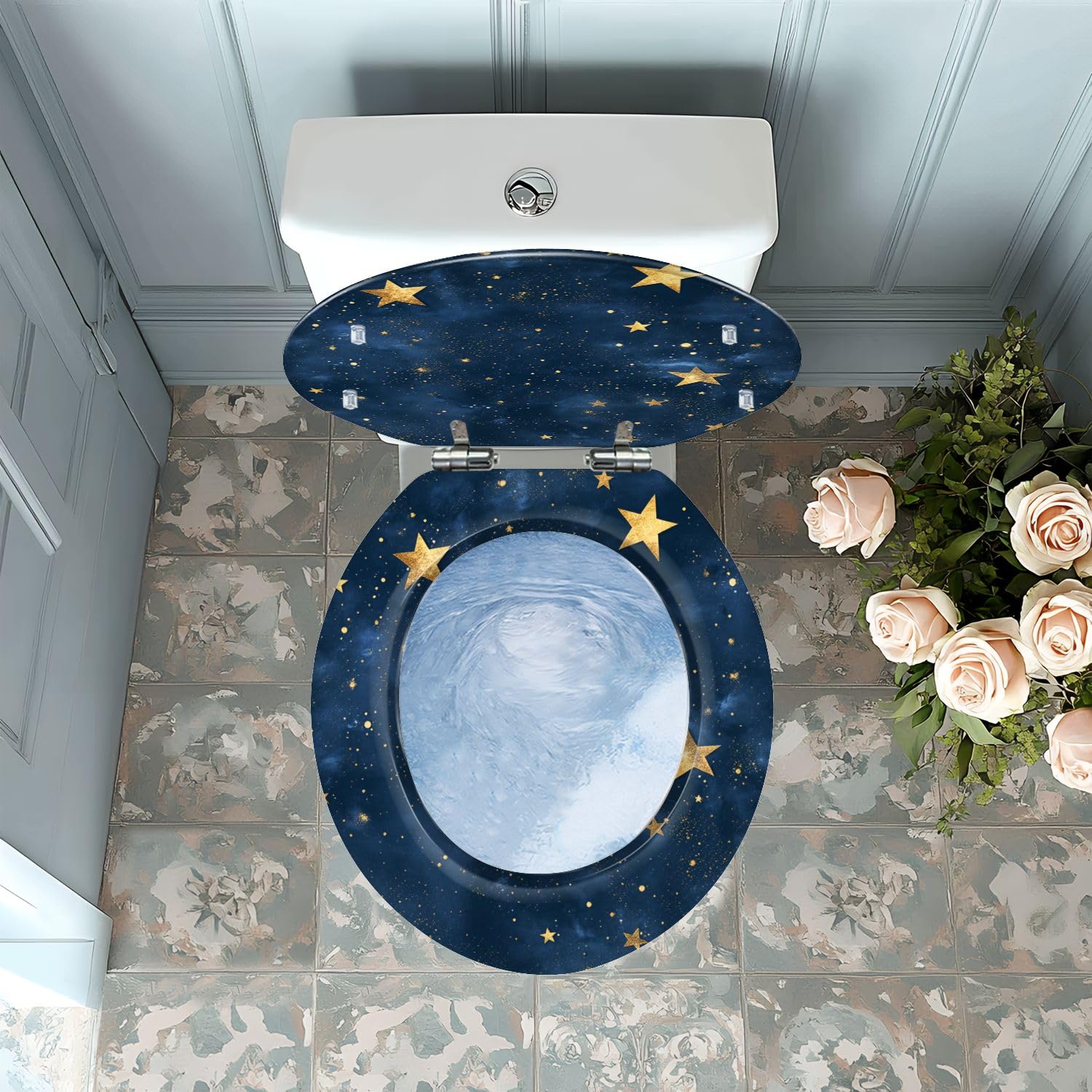 Asiento de inodoro redondo de resina con bisagras de cierre suave y liberación rápida para baño doméstico.