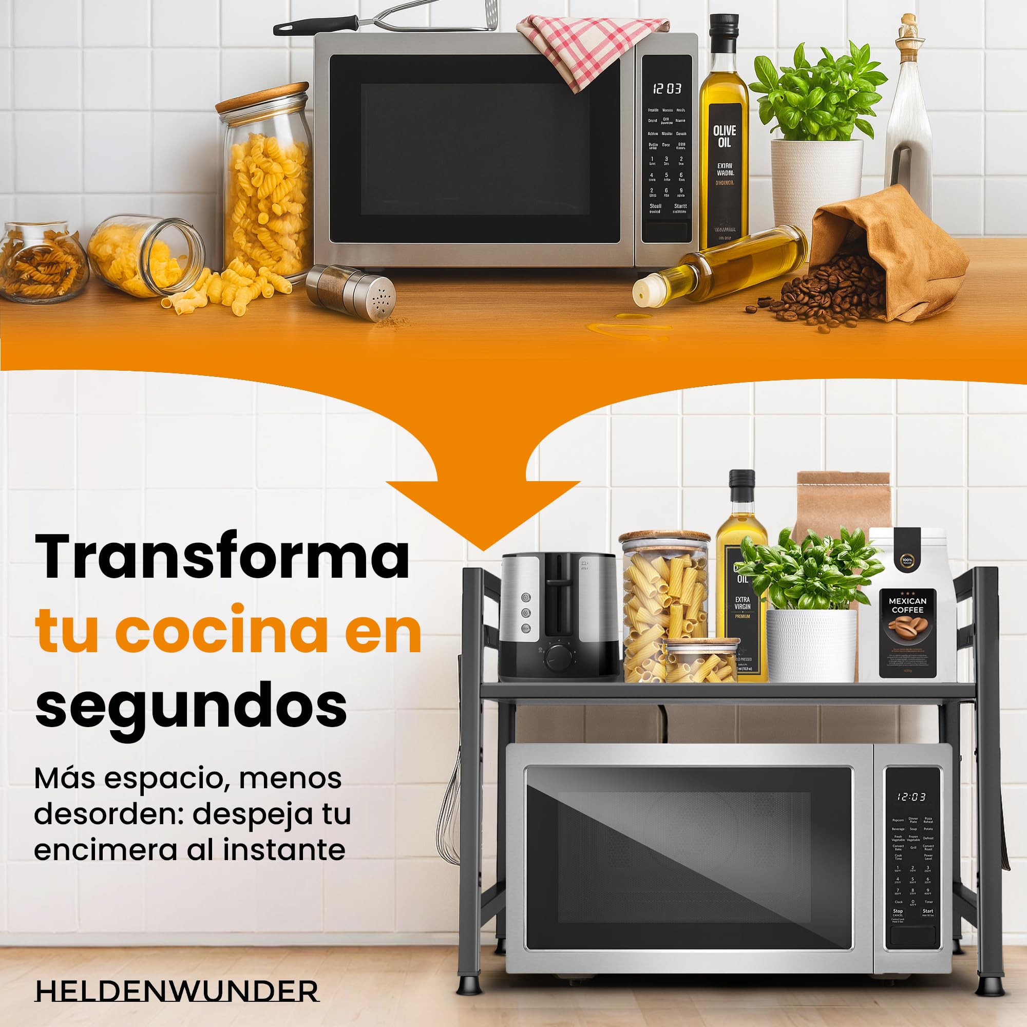 Heldenwunder Estantería Microondas Estantes Cocina Acero (2 Niveles) | Mueble Microondas Horno Estanterias Almacenaje Organizador Estante Panadería Ajustable + Instrucciones en Vídeo, Ganchos – Negro