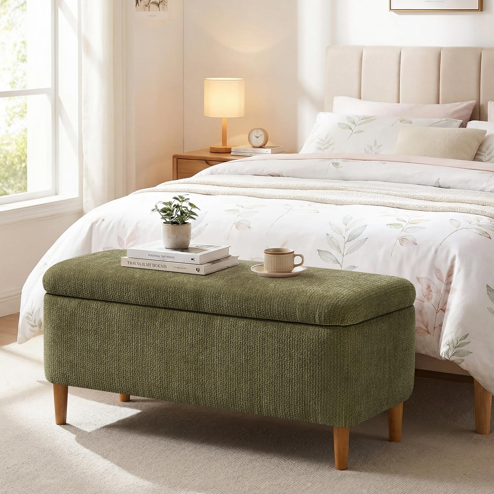 Modern Upholstered Storage Ottoman with Wooden Legs