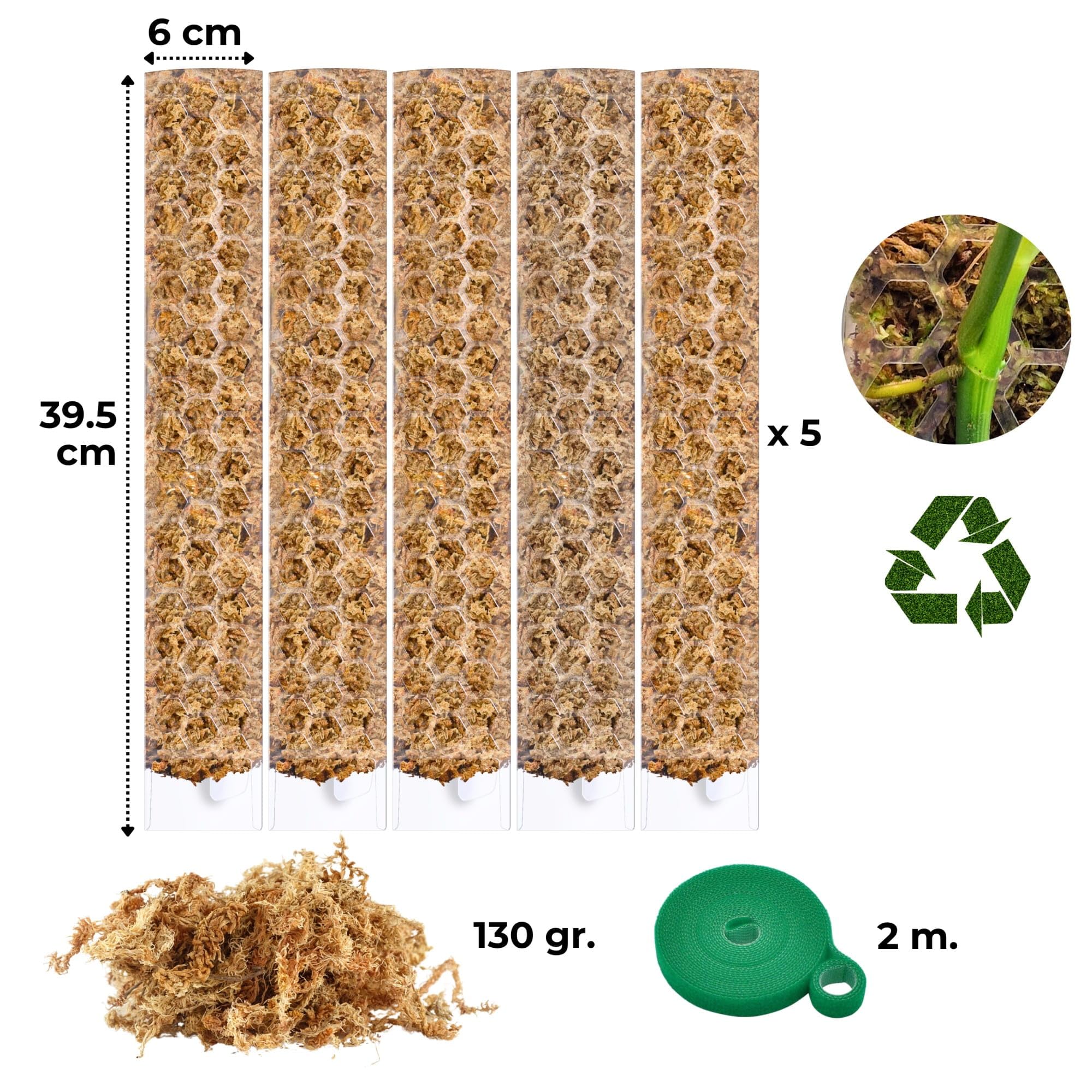 Moosstab für Monstera 5 x 39 cm - Erweiterbare Monstera Rankhilfe & Zubehör-Set - Pflanzstäbe mit Pflanzen-Klettband & Moos - Optimiert für Aroiden - Befestigung für Kletterpflanzen