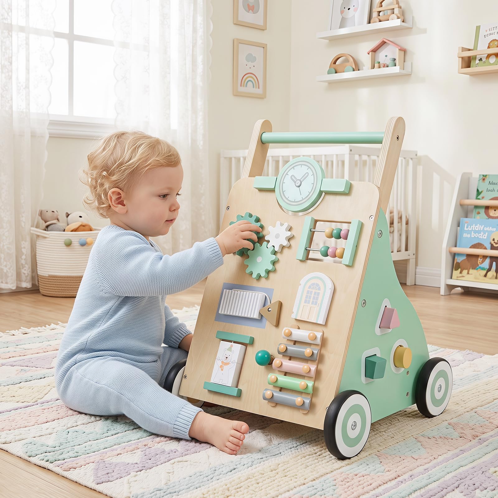 COSTWAY Wózek do nauki chodzenia 2 w 1 z drewna, Baby Walker dla dzieci od | Wielofunkcyjny przyrząd do nauki chodzenia z centrum aktywności Montessori, 10 interaktywnych zajęć i miejsce do