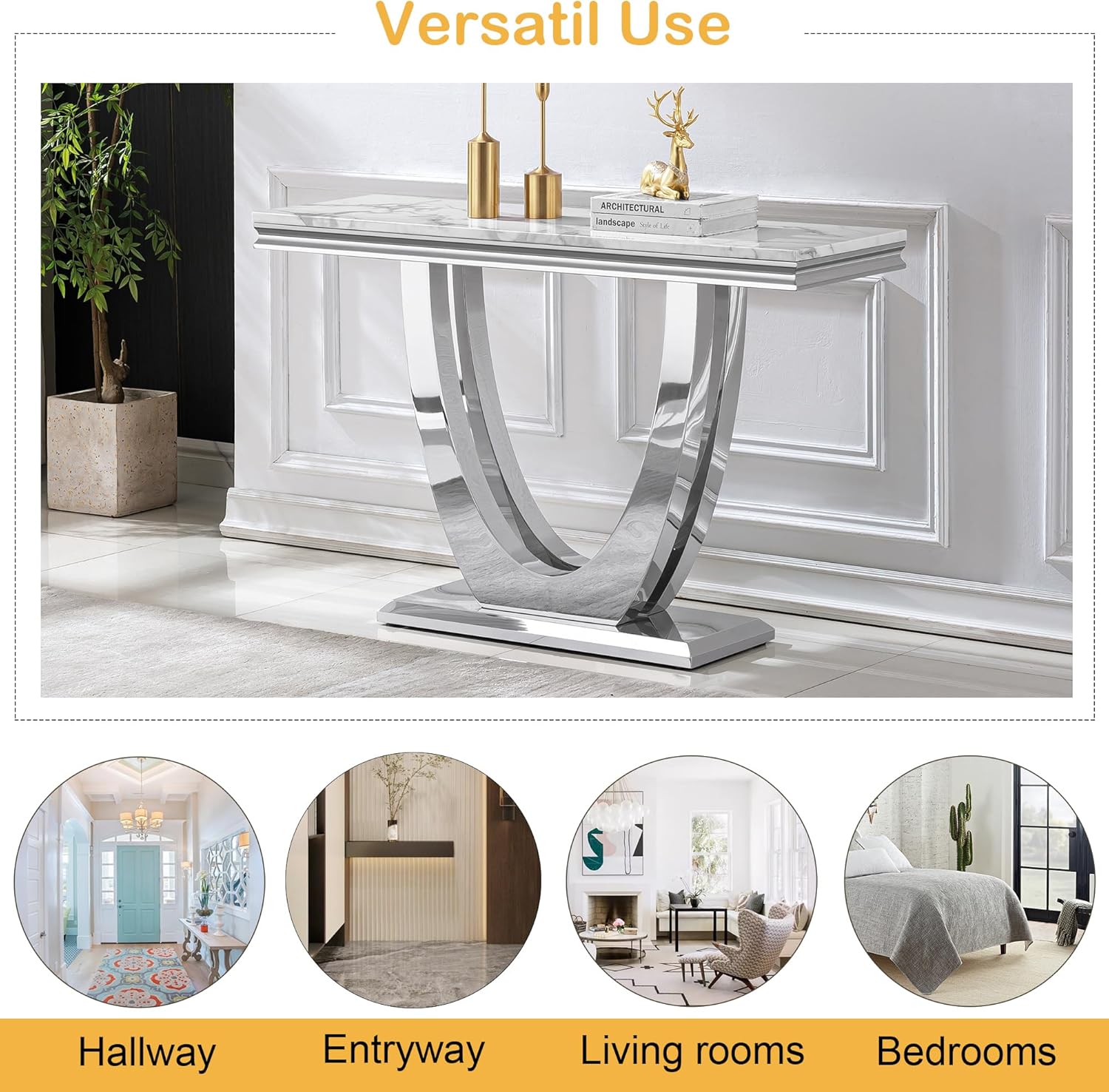 47" Marble Console Table Luxury Silver Sofa Table with Geometric U-Shape Stainless Steel Pedestal Modern Long Console Sofa Table White Marble Entryway Hall Table for Living Room Hallway