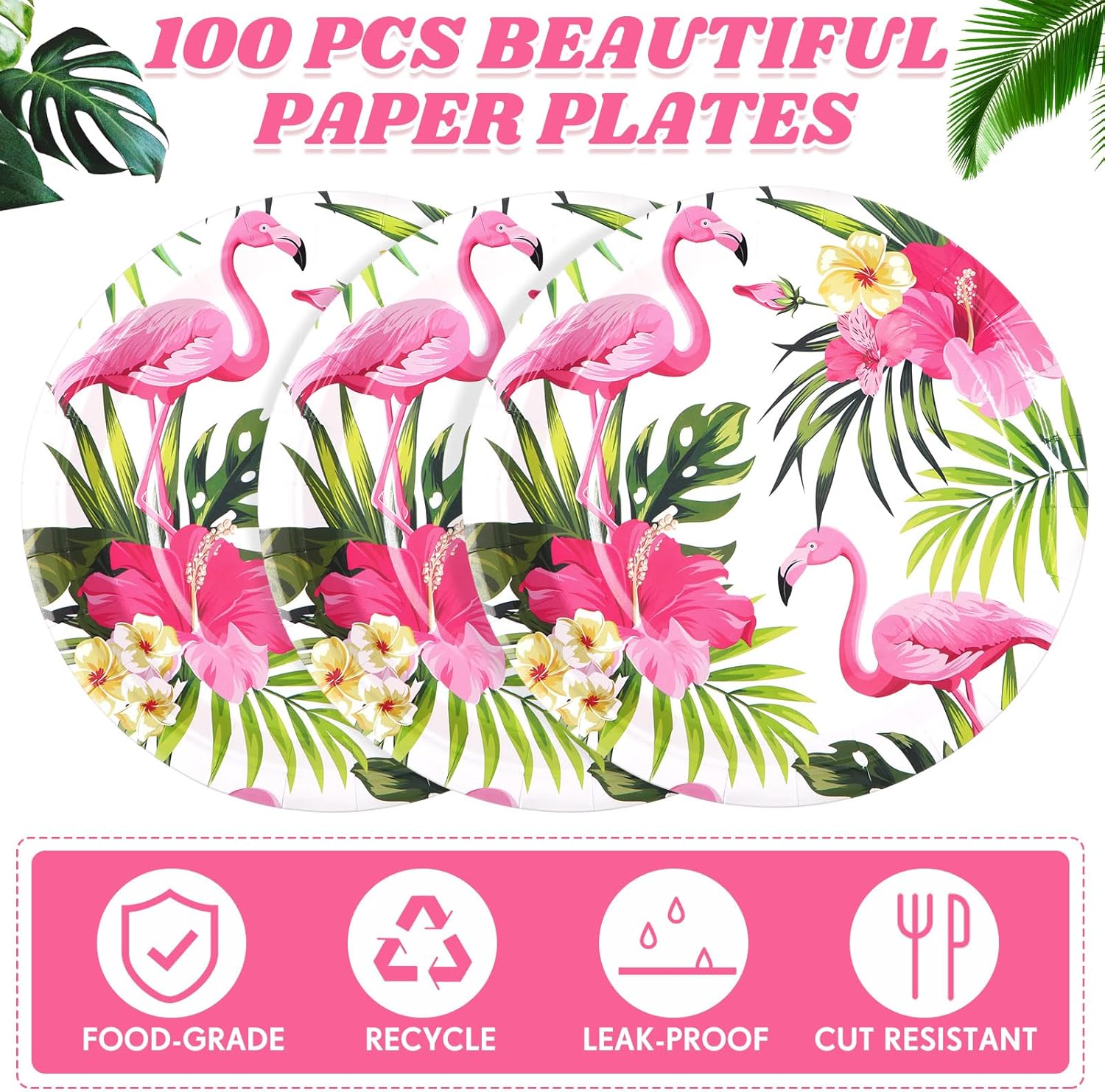 Sunnyray 100 Pcs Hawaiian Flamingo Paper Plates 9 Inch Luau Party Plates Hawaiian Tropical Dessert Decorative Dinnerware for Aloha Summer Birthday Beach Party Decorations Favors