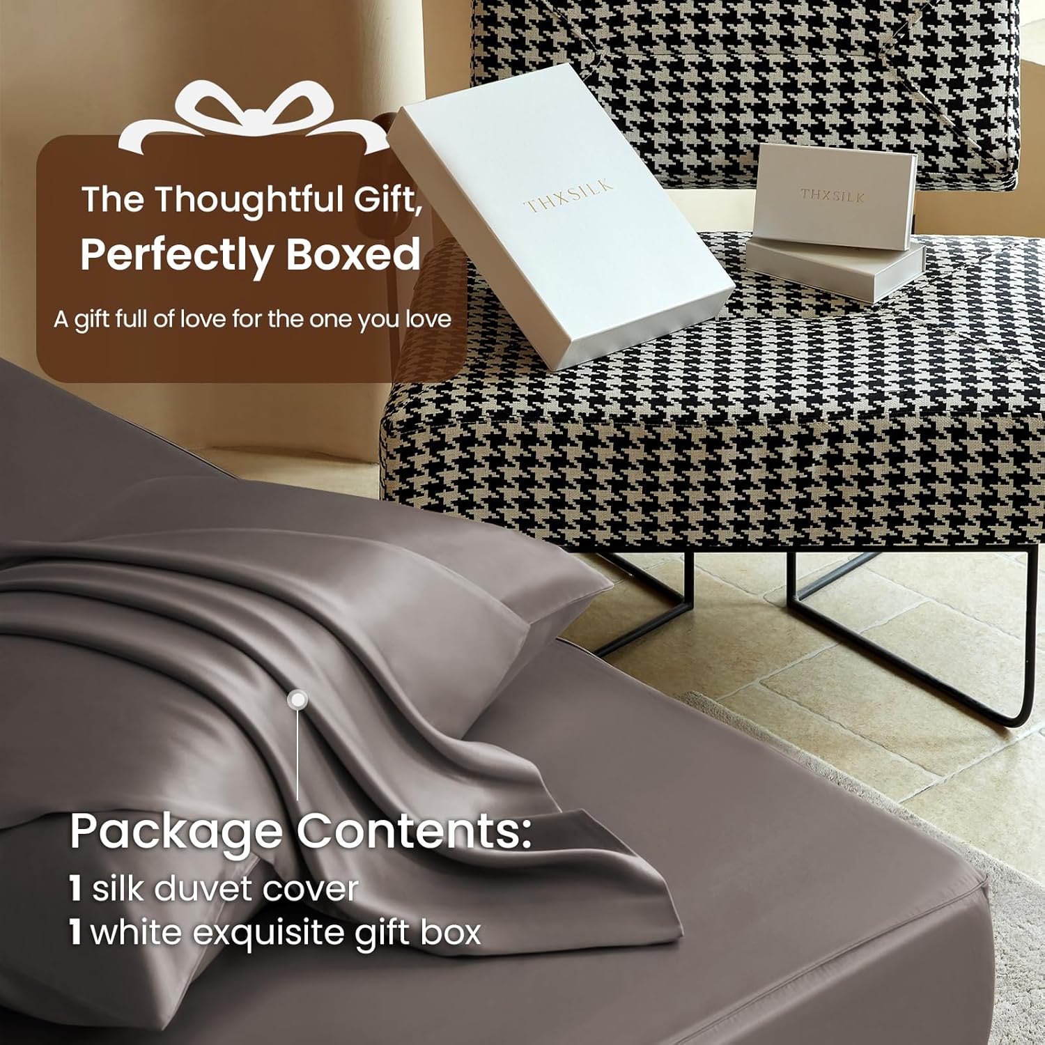 THXSILK Luxury King Silk Duvet Cover, Extra Soft, Breathable & Cooling, Comforter Cover with Zipper Closure & Corner Ties, Machine Washable & Durable, 1 Duvet Cover Only (Charcoal)