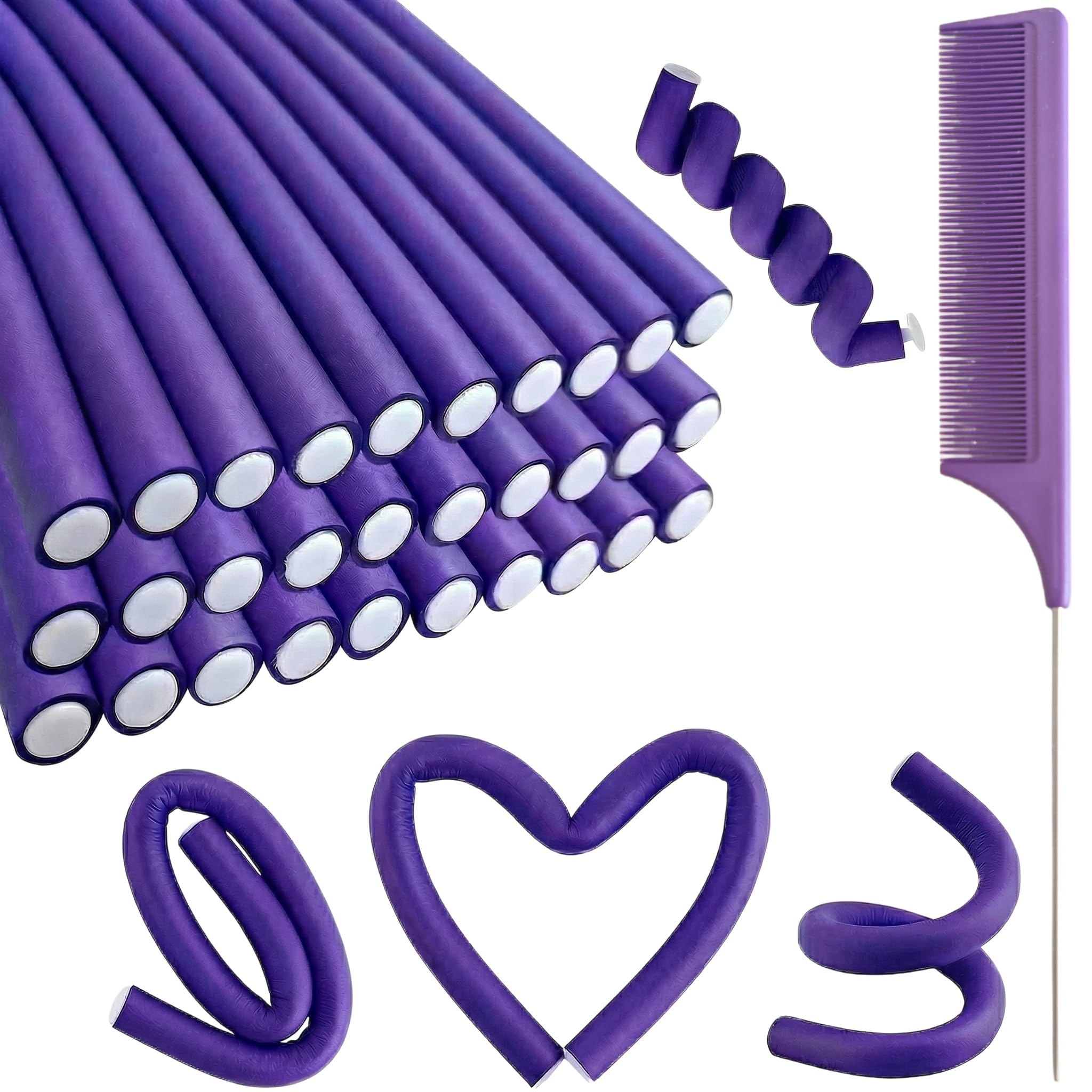 30PCS 9.45" Purple Flexible Rods Curlers Set for Short and Long Hair, No Heat Foam Rollers with Steel Comb