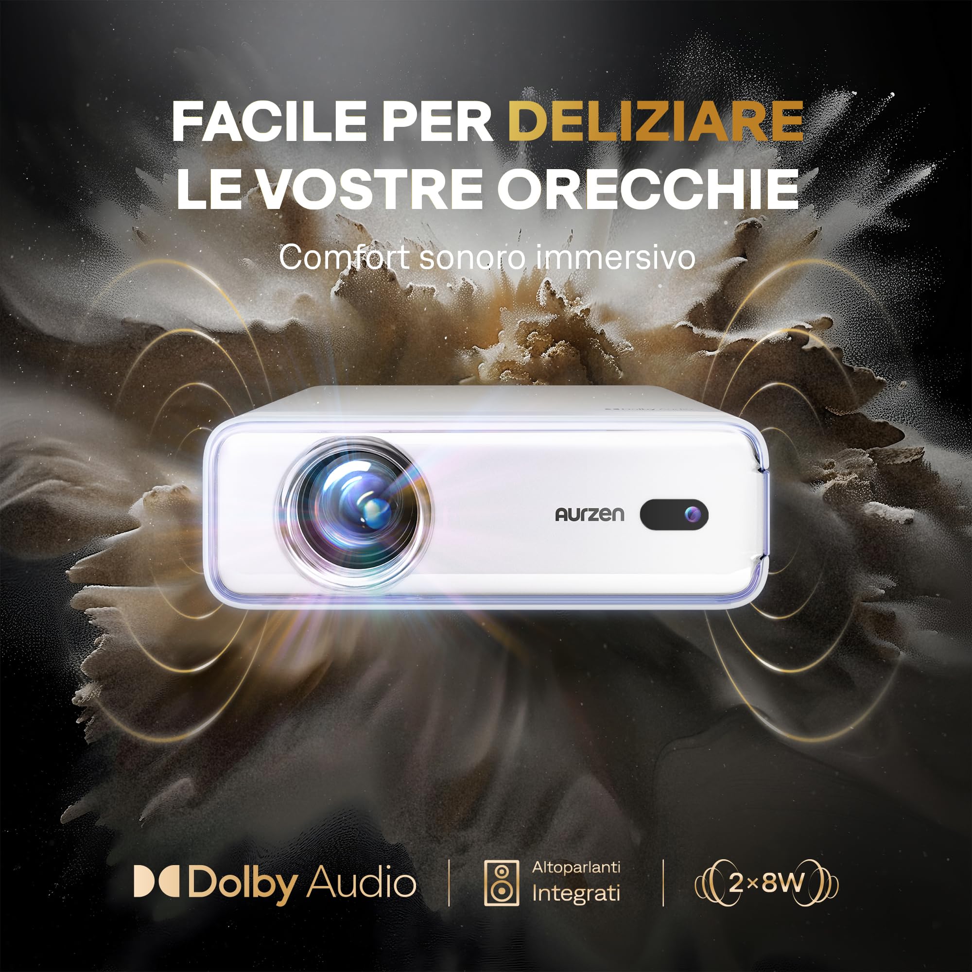 Aurzen EAZZE D1 Proiettore Smart Supporta 4K, Full HD 1080P, Videoproiettore con Netflix, Dolby Audio, Messa a Fuoco Automatica e Correzione Trapezoidale, Mini Proiettore WiFi Bluetooth, Bianco