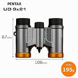 PENTAX Lornetka UD 9×21 – szara i pomarańczowa. Jasne i wyraźne pole widzenia, lekki korpus z pryzmatem dachowym, optyka w pełni wielowarstwowa, powiększenie 9x, idealne na koncerty, sport, podróże.